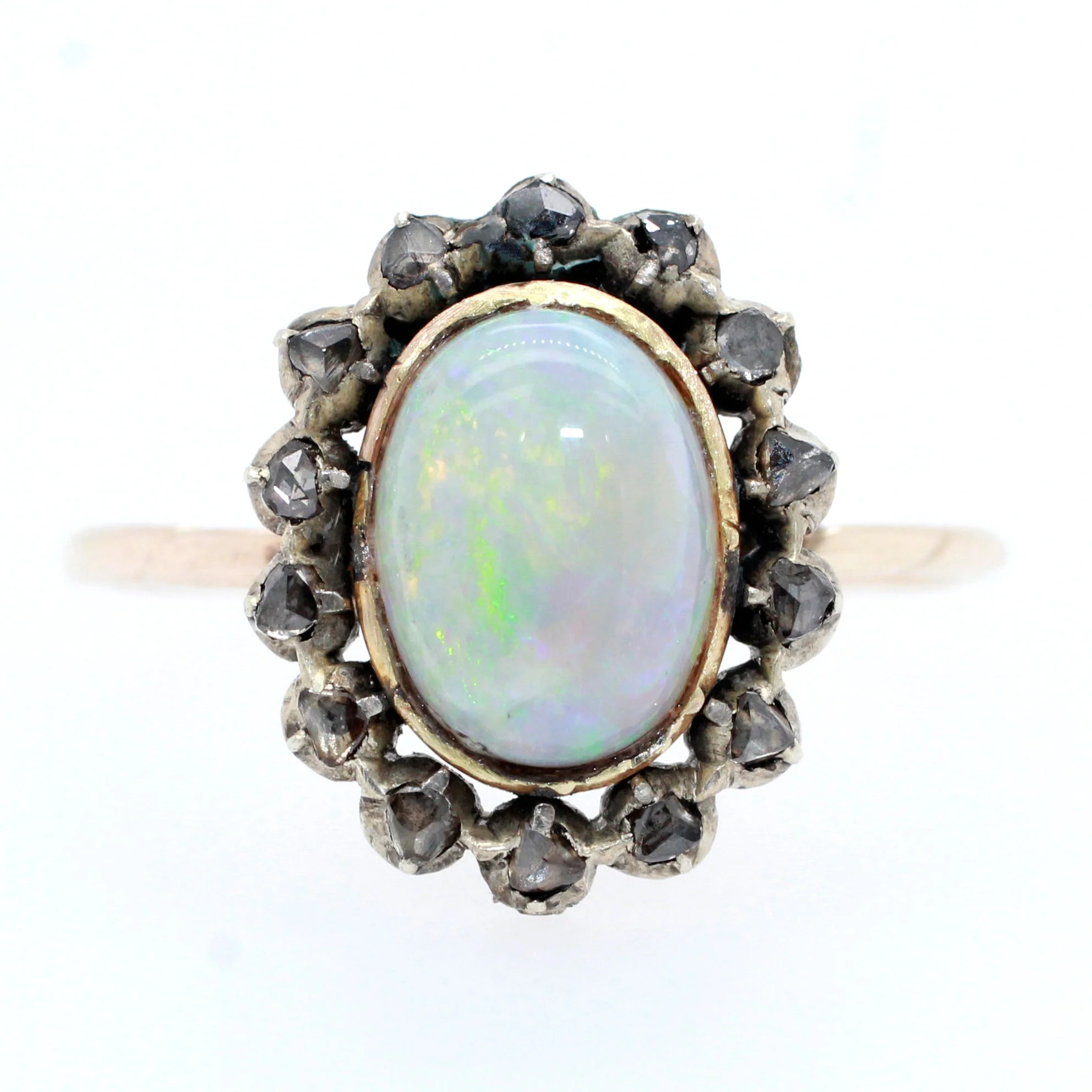 Antique Art Nouveau 0.75ct Precious Opal & Diamond Pin Conversion Ring 14k Yellow Gold - Image 2