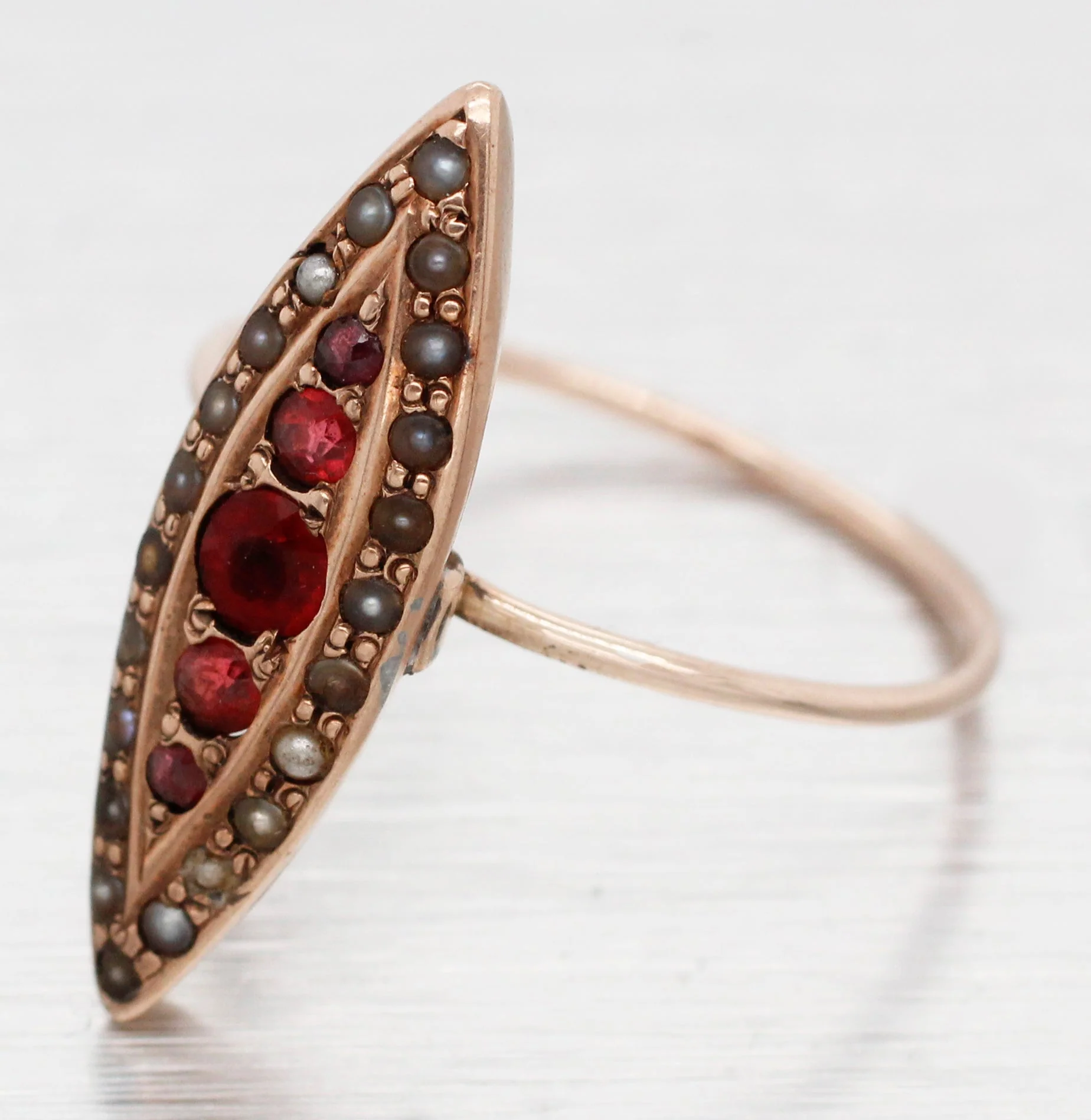 Antique Art Nouveau Garnet & Pearl Marquise Cocktail Ring - 14k Rose Gold - Image 2