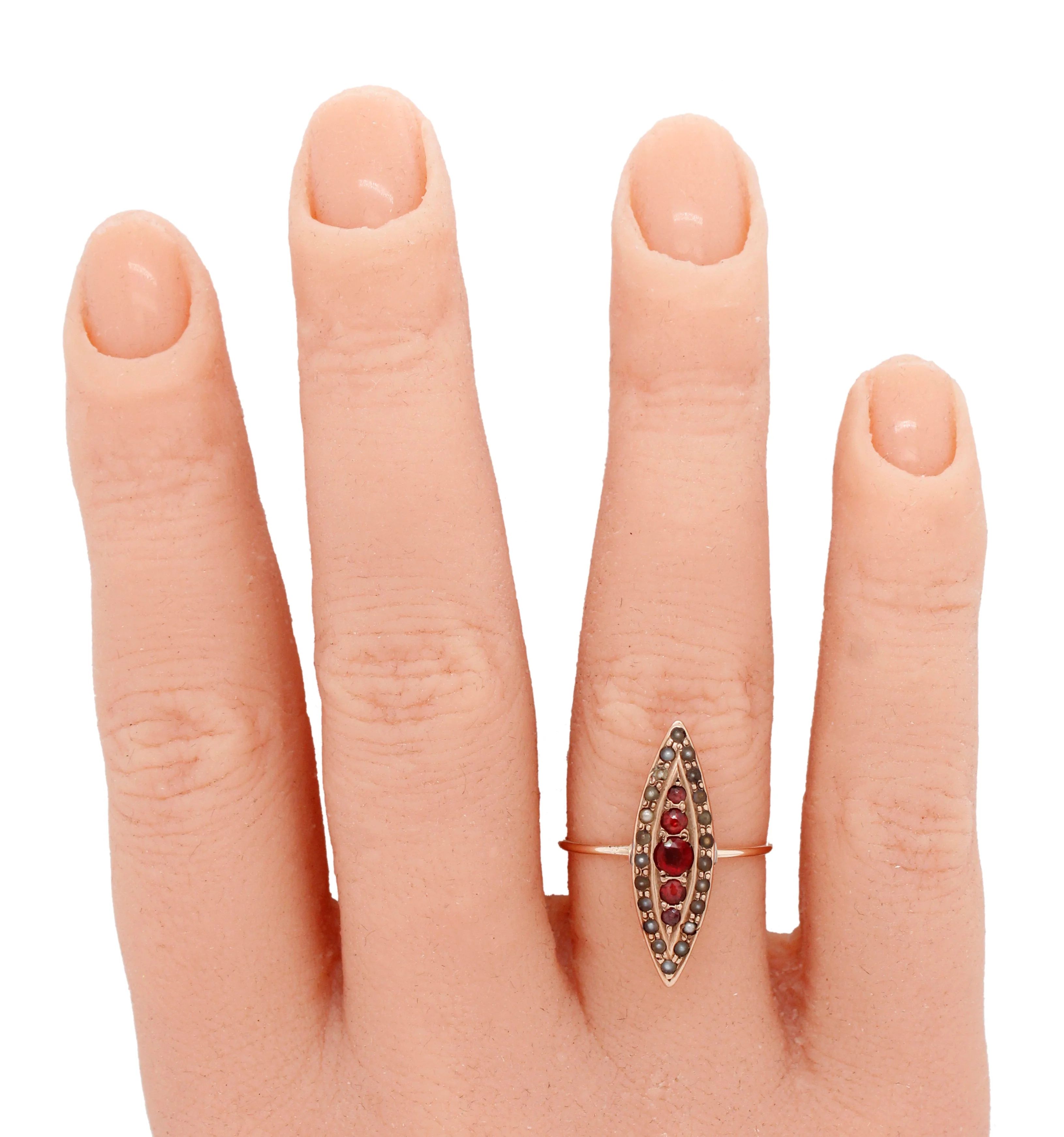 Antique Art Nouveau Garnet & Pearl Marquise Cocktail Ring - 14k Rose Gold - Image 6