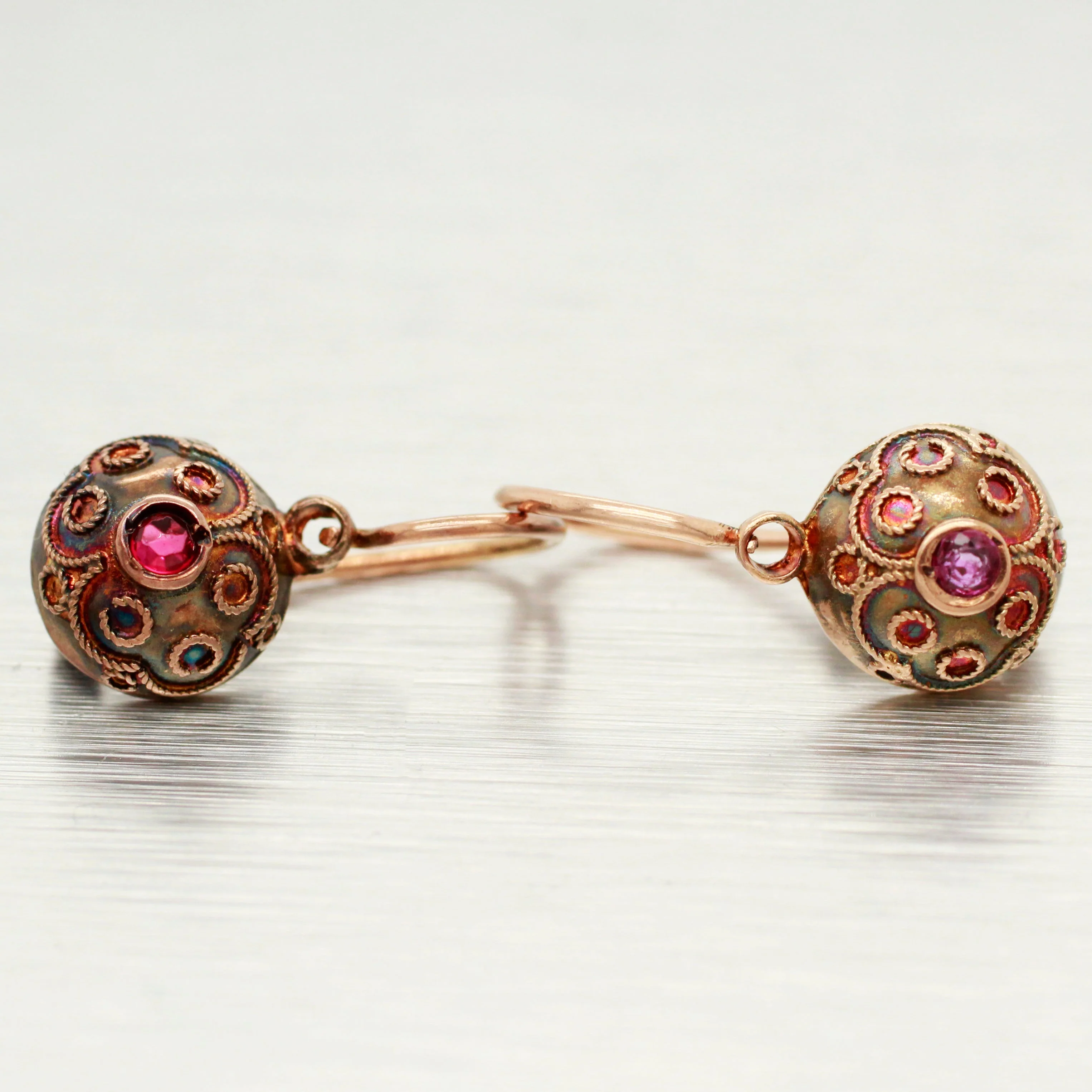 Antique Art Nouveau Ruby Ornate Sphere Drop Dangle Earrings - 14k Rose Gold - Image 2