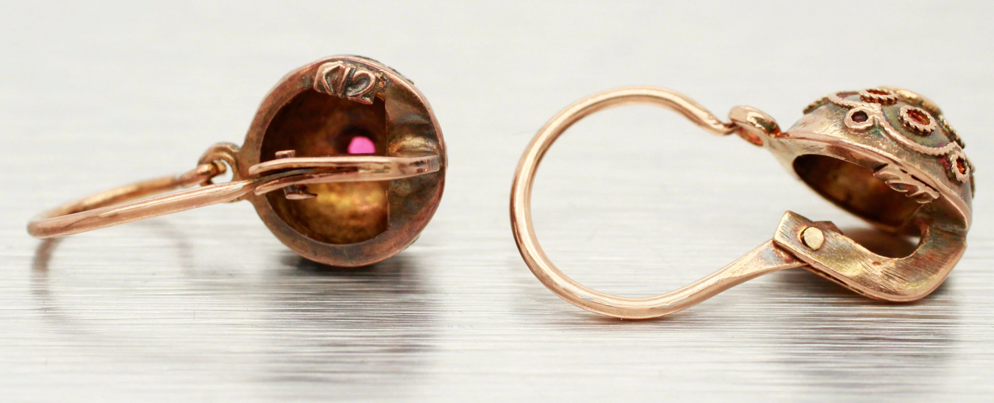 Antique Art Nouveau Ruby Ornate Sphere Drop Dangle Earrings - 14k Rose Gold - Image 4