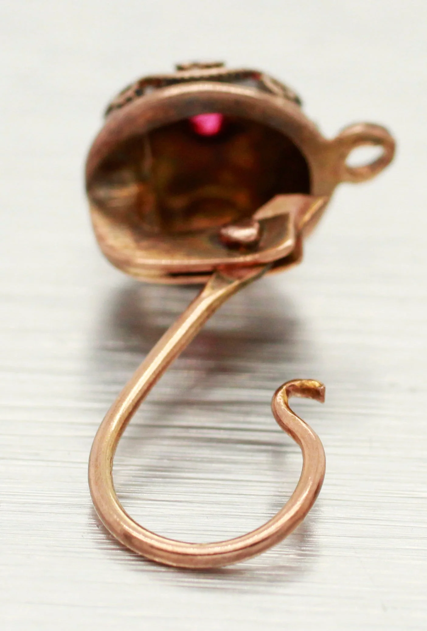 Antique Art Nouveau Ruby Ornate Sphere Drop Dangle Earrings - 14k Rose Gold - Image 5