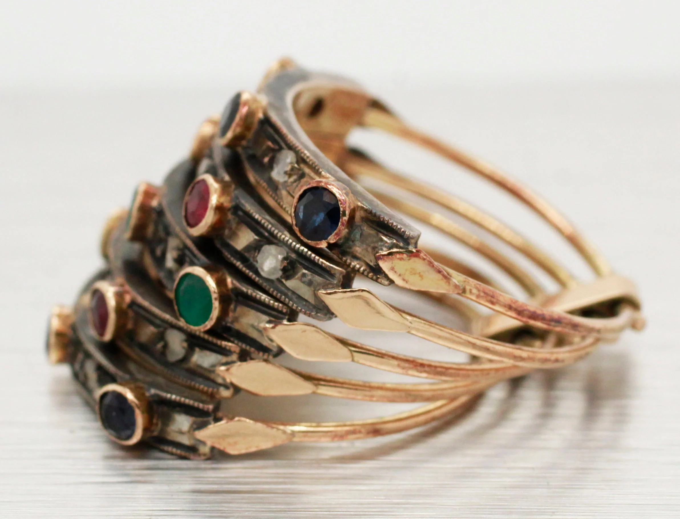 Antique Art Nouveau Ruby Sapphire & Emerald Harem Ring | 14k Yellow Gold - Image 2