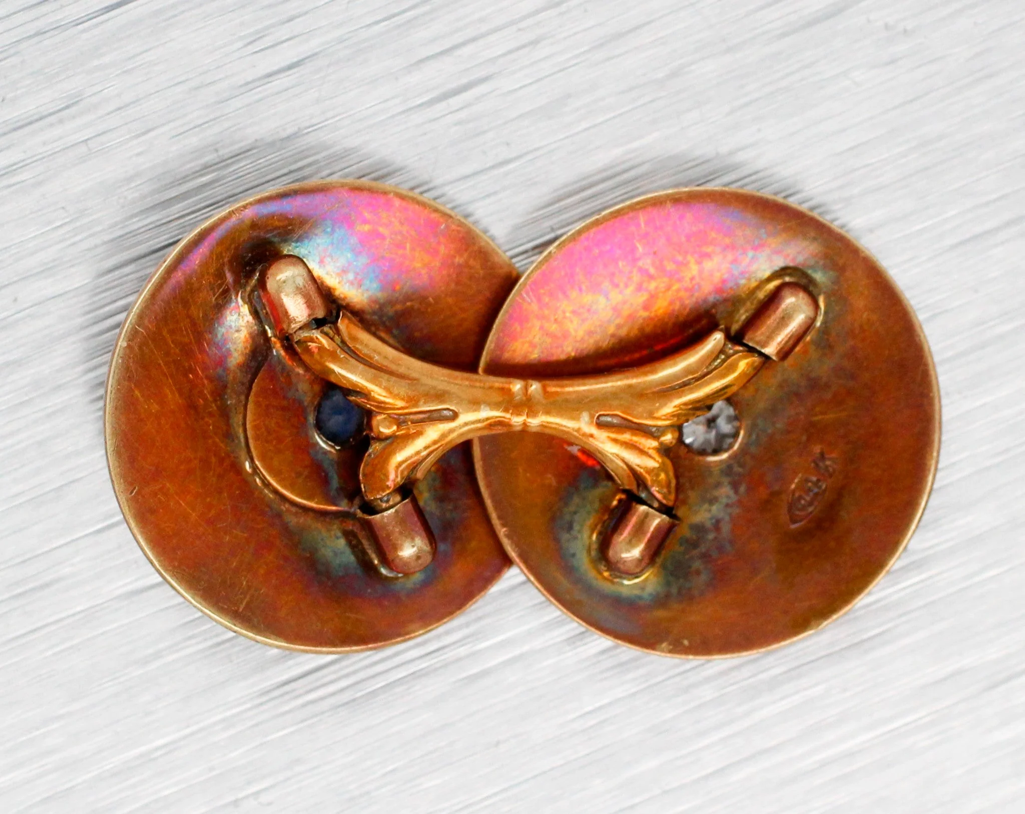 Antique Edwardian Sapphire & Diamond Hinge Cufflinks - 14k Yellow Gold (Toned) - Image 6