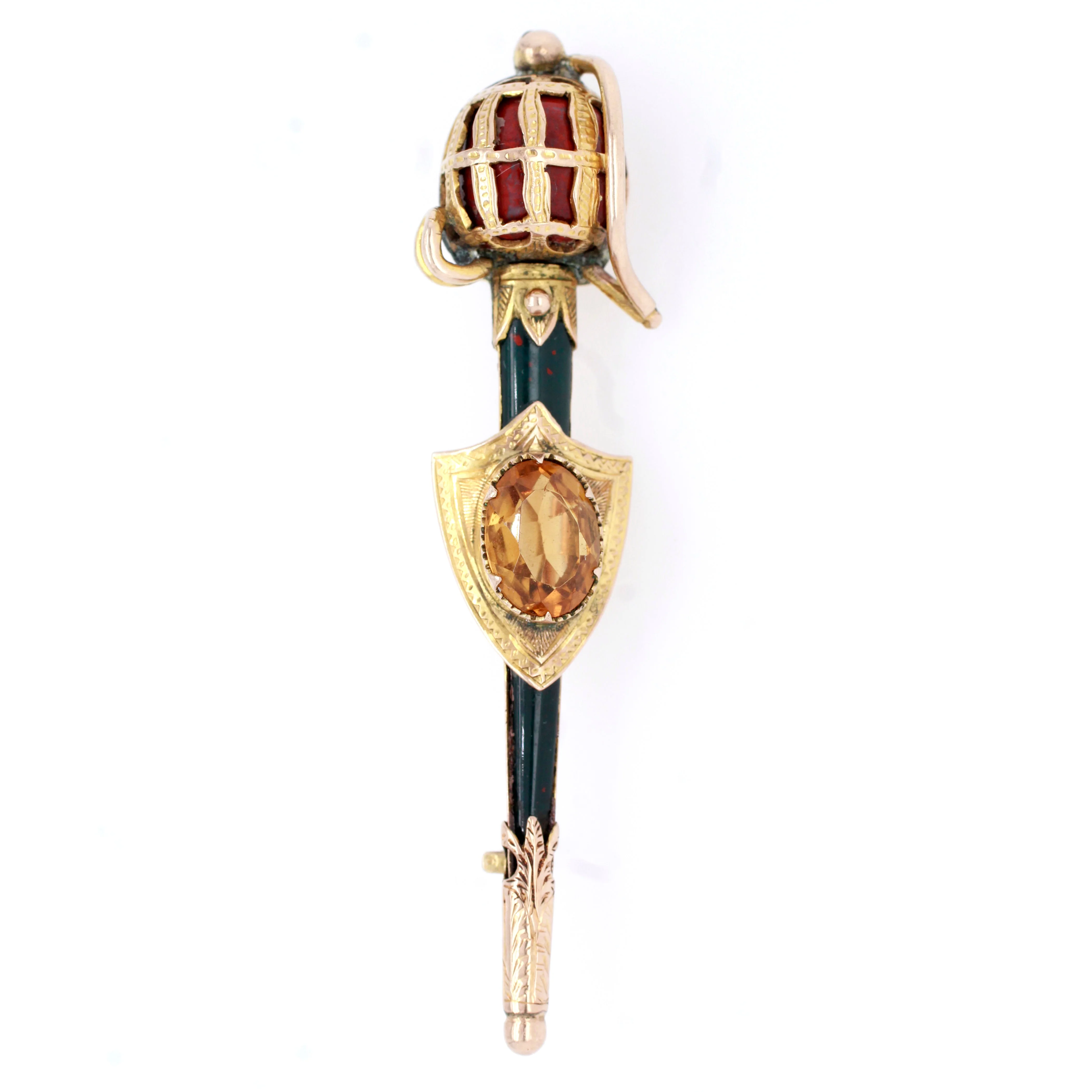 Antique Victorian Scottish Citrine Bloodstone & Agate Sword & Shield Gold Brooch