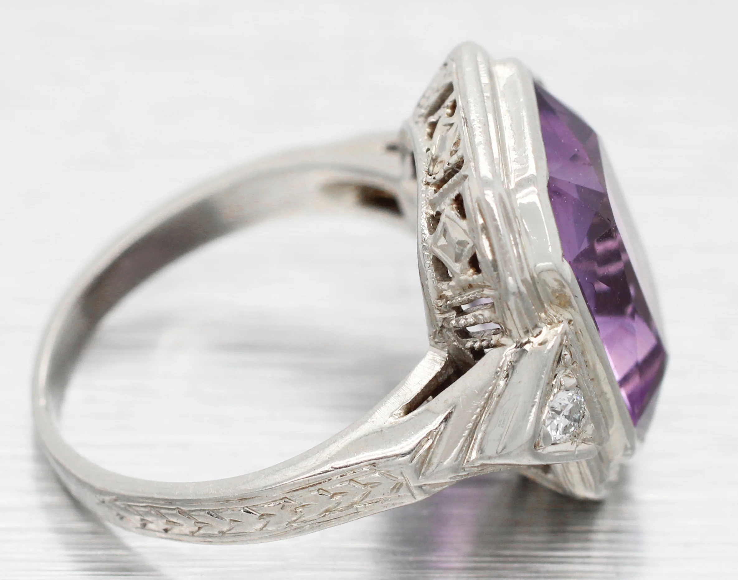 Art Deco 4.50ct Amethyst & Diamond Cocktail Ring - 14k White Gold | Size 3.75 - Image 4