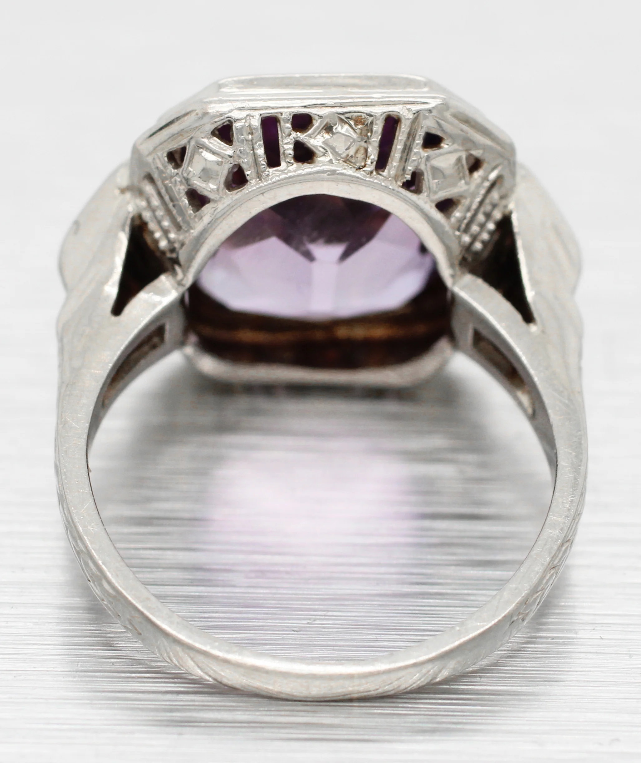 Art Deco 4.50ct Amethyst & Diamond Cocktail Ring - 14k White Gold | Size 3.75 - Image 5