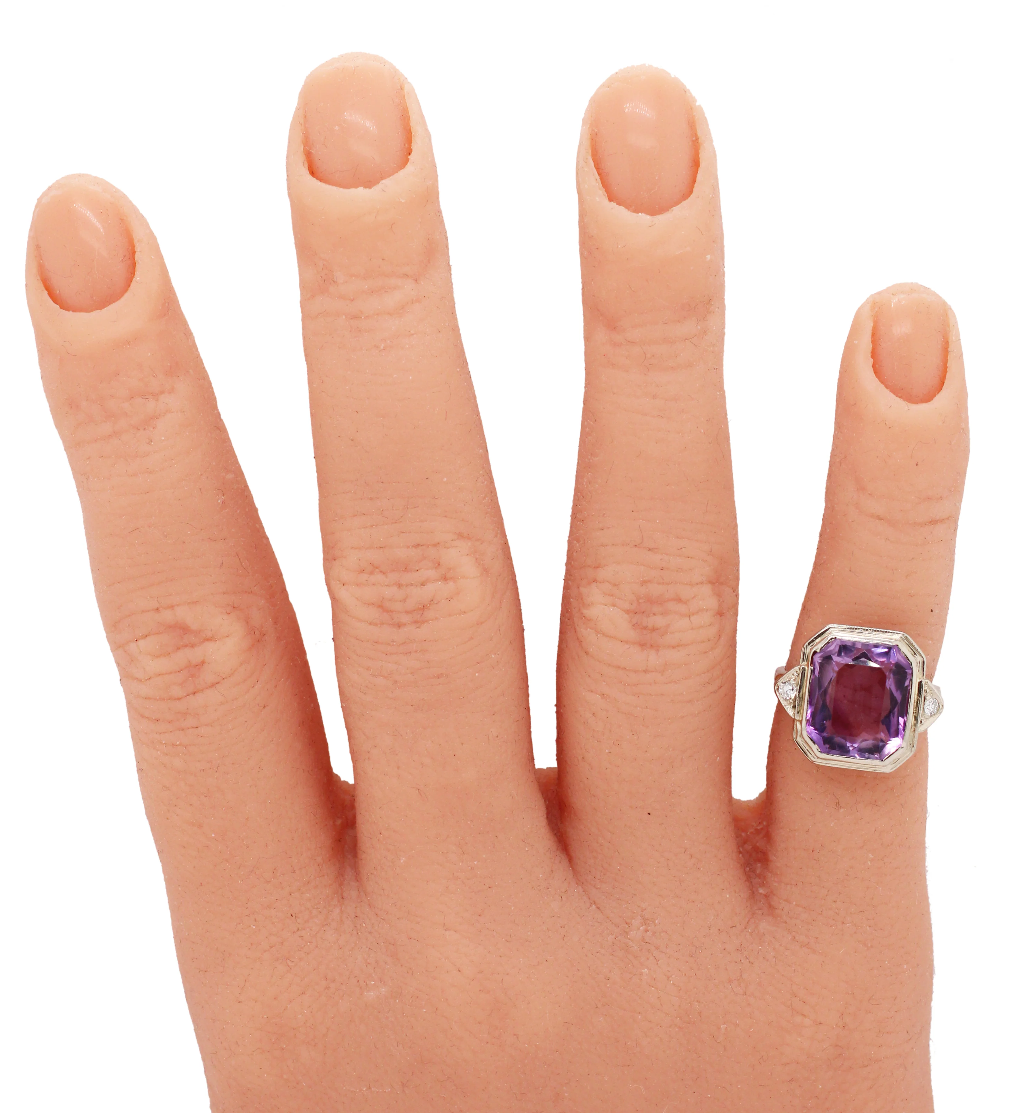 Art Deco 4.50ct Amethyst & Diamond Cocktail Ring - 14k White Gold | Size 3.75 - Image 7