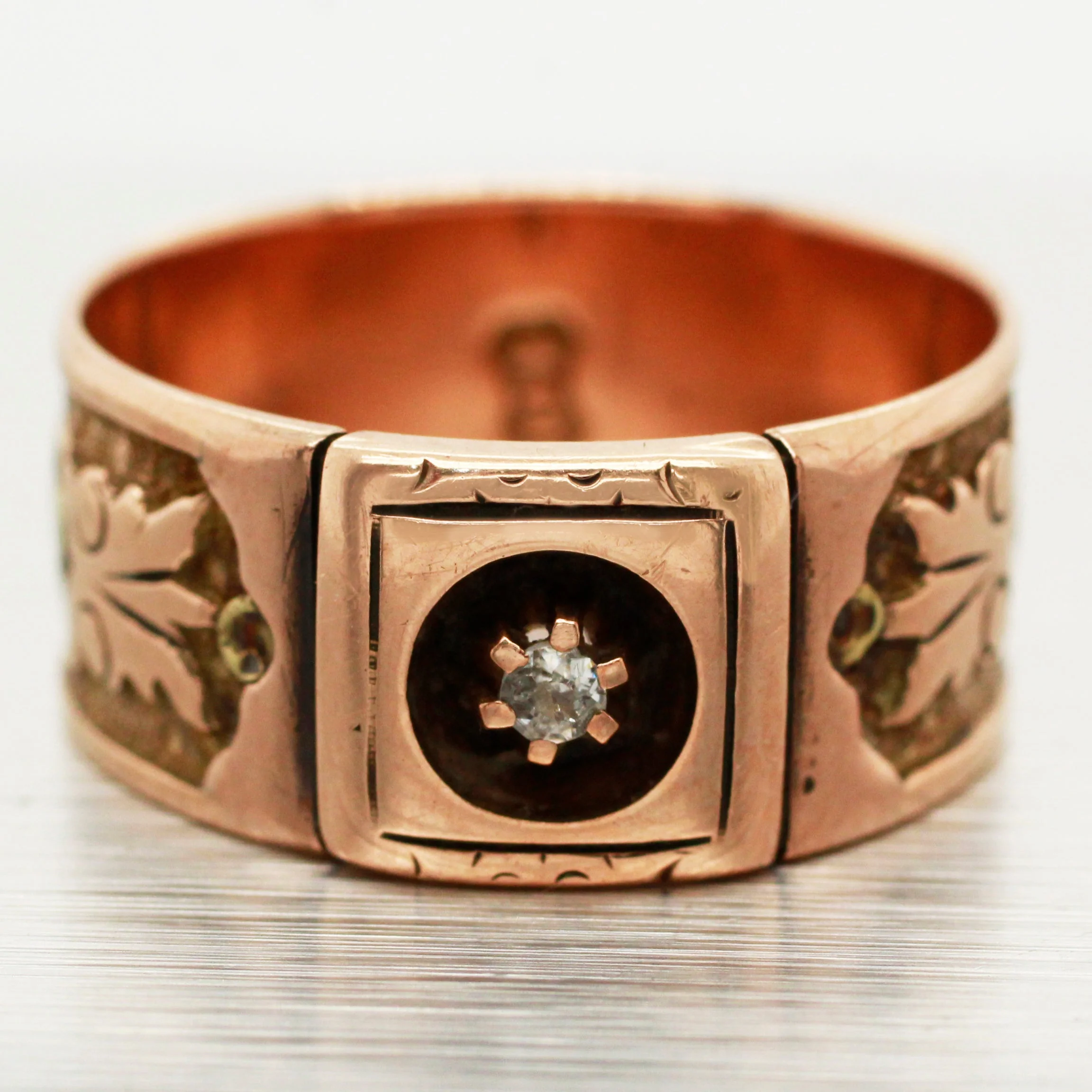 Art Nouveau 0.02ct Rose Cut Diamond Band Ring - 14k Rose Gold & Yellow Gold
