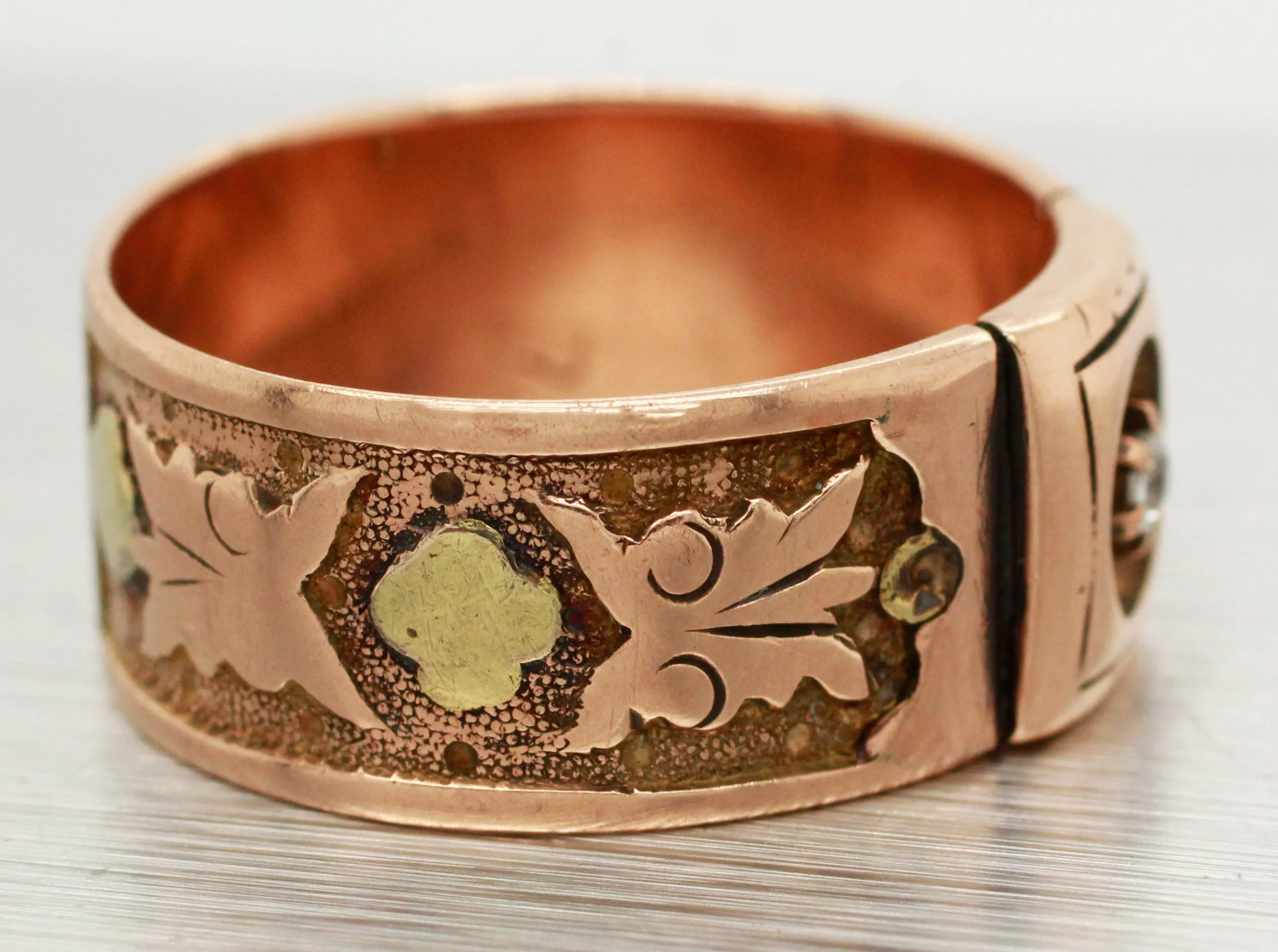 Art Nouveau 0.02ct Rose Cut Diamond Band Ring - 14k Rose Gold & Yellow Gold - Image 3