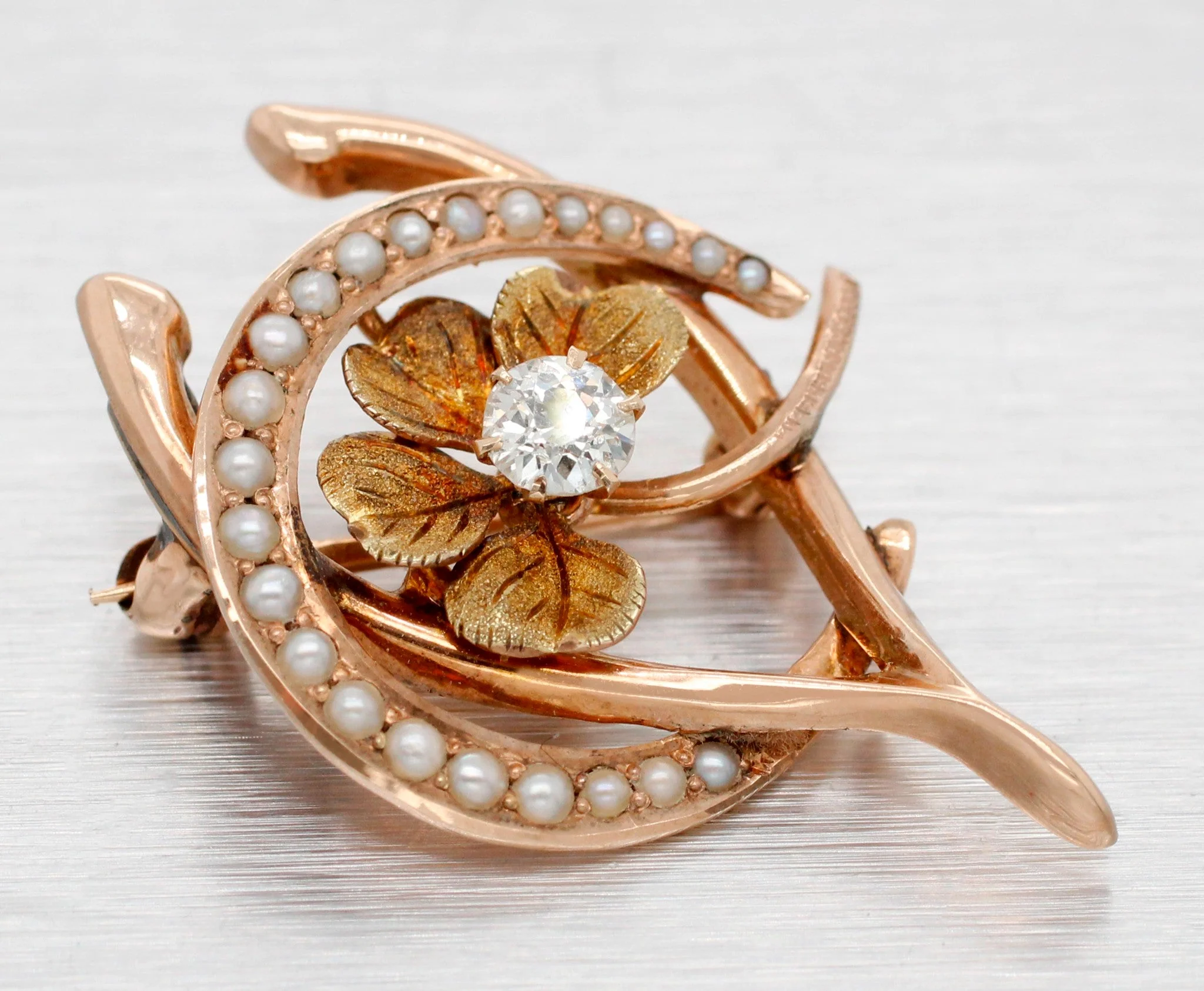 Antique Art Nouveau Lucky Brooch Pin - 10k Rose Gold Horseshoe Clover & Wishbone - Image 2