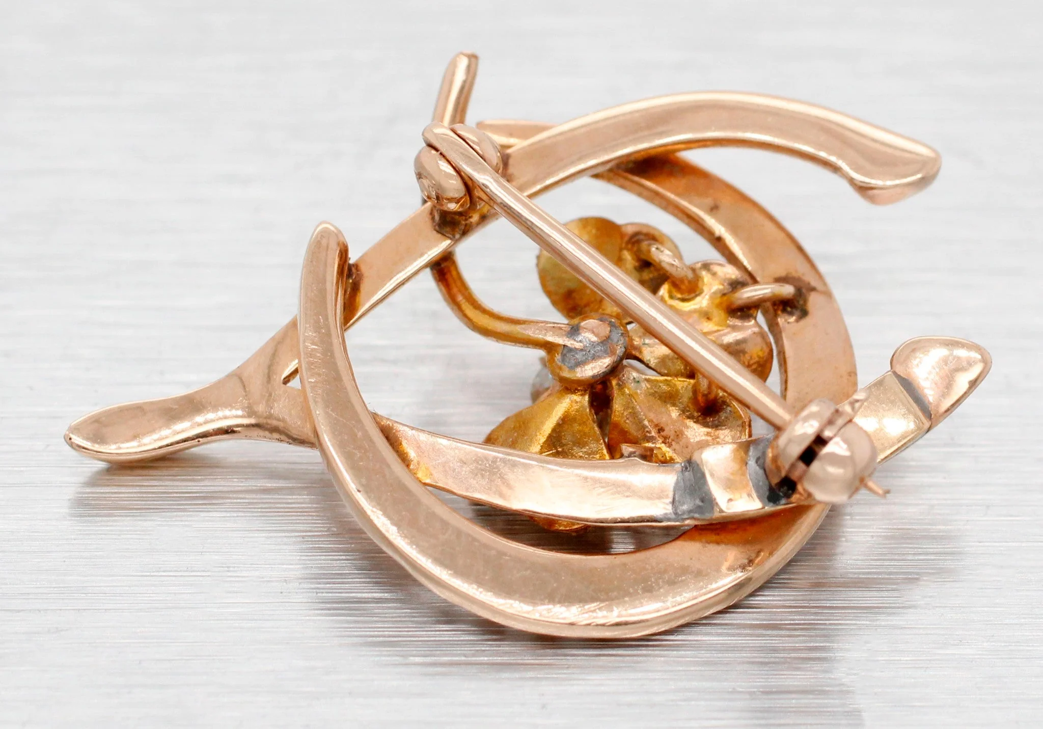 Antique Art Nouveau Lucky Brooch Pin - 10k Rose Gold Horseshoe Clover & Wishbone - Image 3