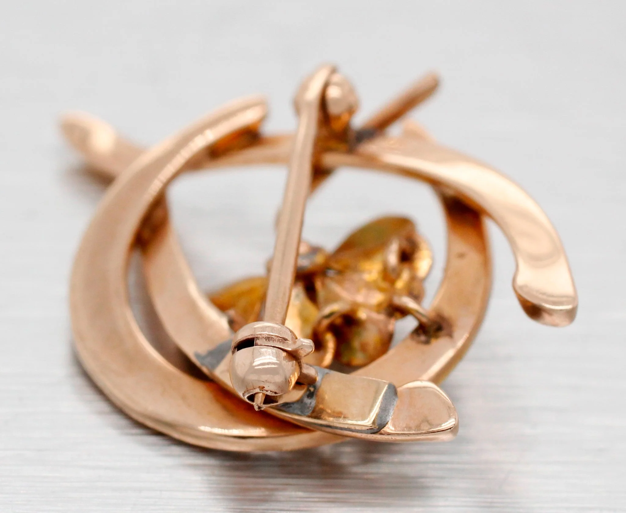 Antique Art Nouveau Lucky Brooch Pin - 10k Rose Gold Horseshoe Clover & Wishbone - Image 4