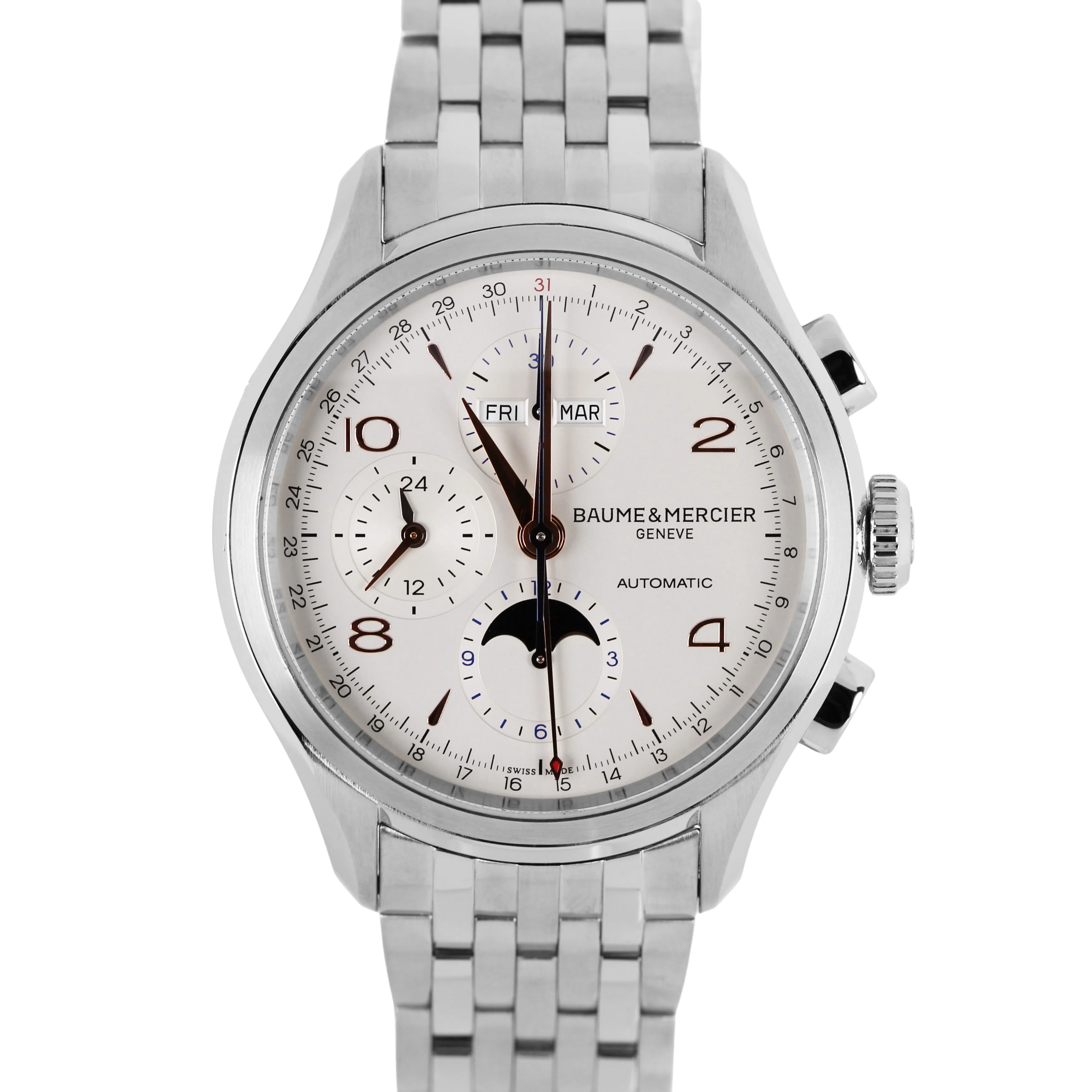 Baume & Mercier Clifton Triple Date Stainless Steel Ivory 43mm 65793 Watch