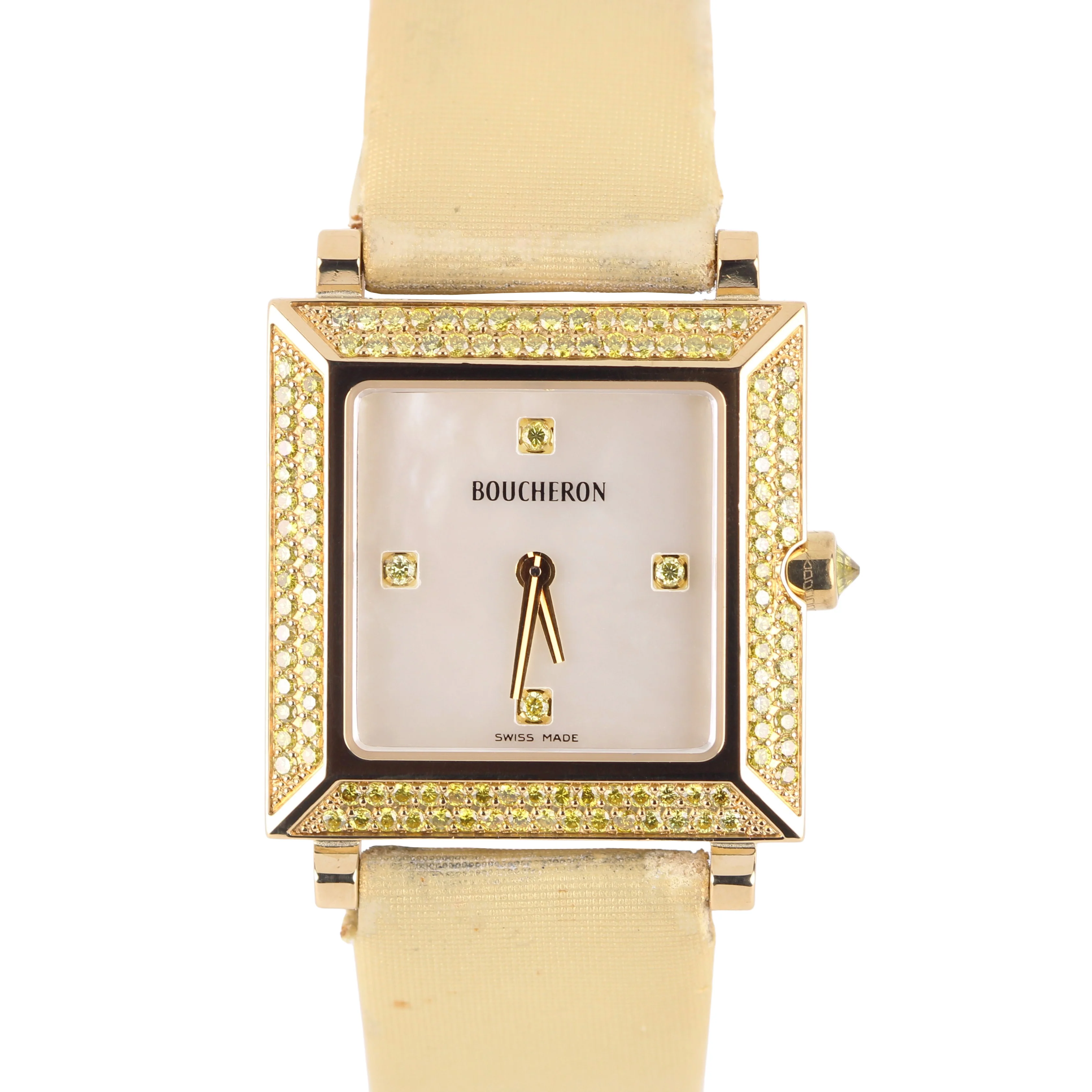 Boucheron Carree PAPERS 18k Gold YELLOW DIAMOND Mother of Pearl AJ410452 BOX