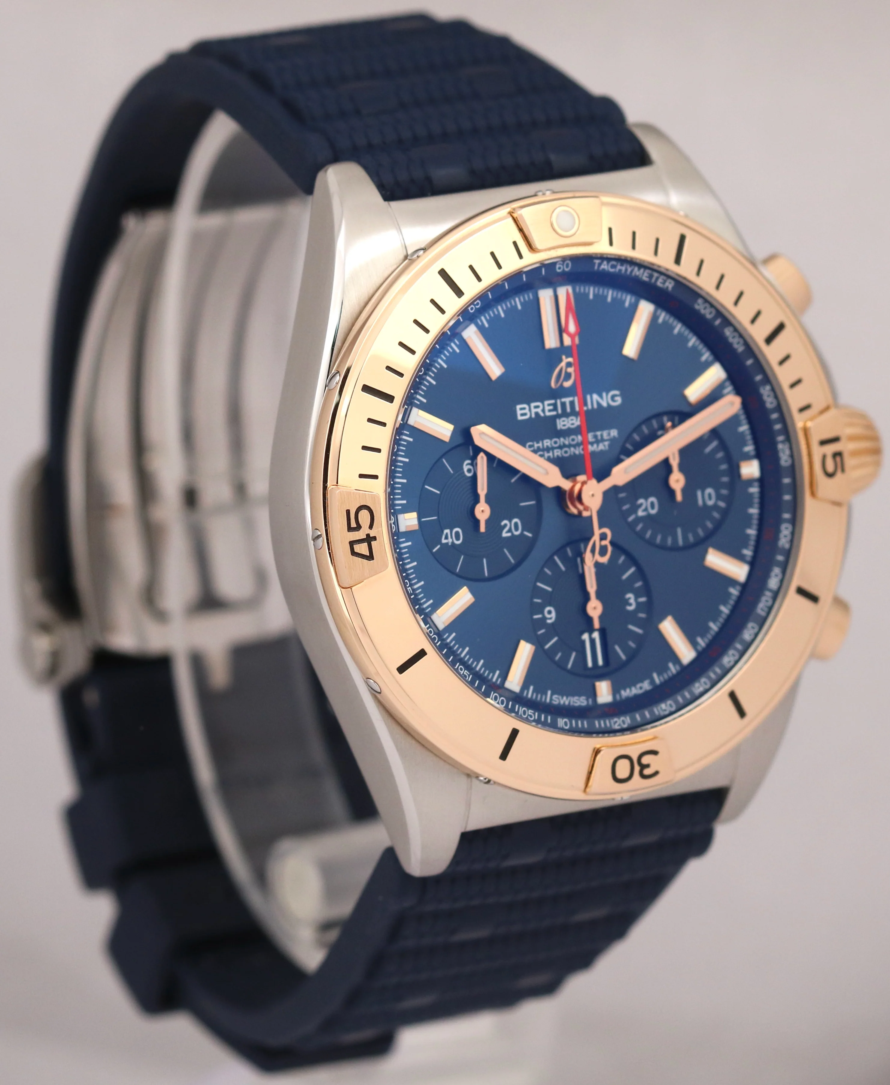 Breitling Chronomat B01 42mm Two-Tone Gold Blue Rubber Steel Watch UB0134 BOX - Image 3