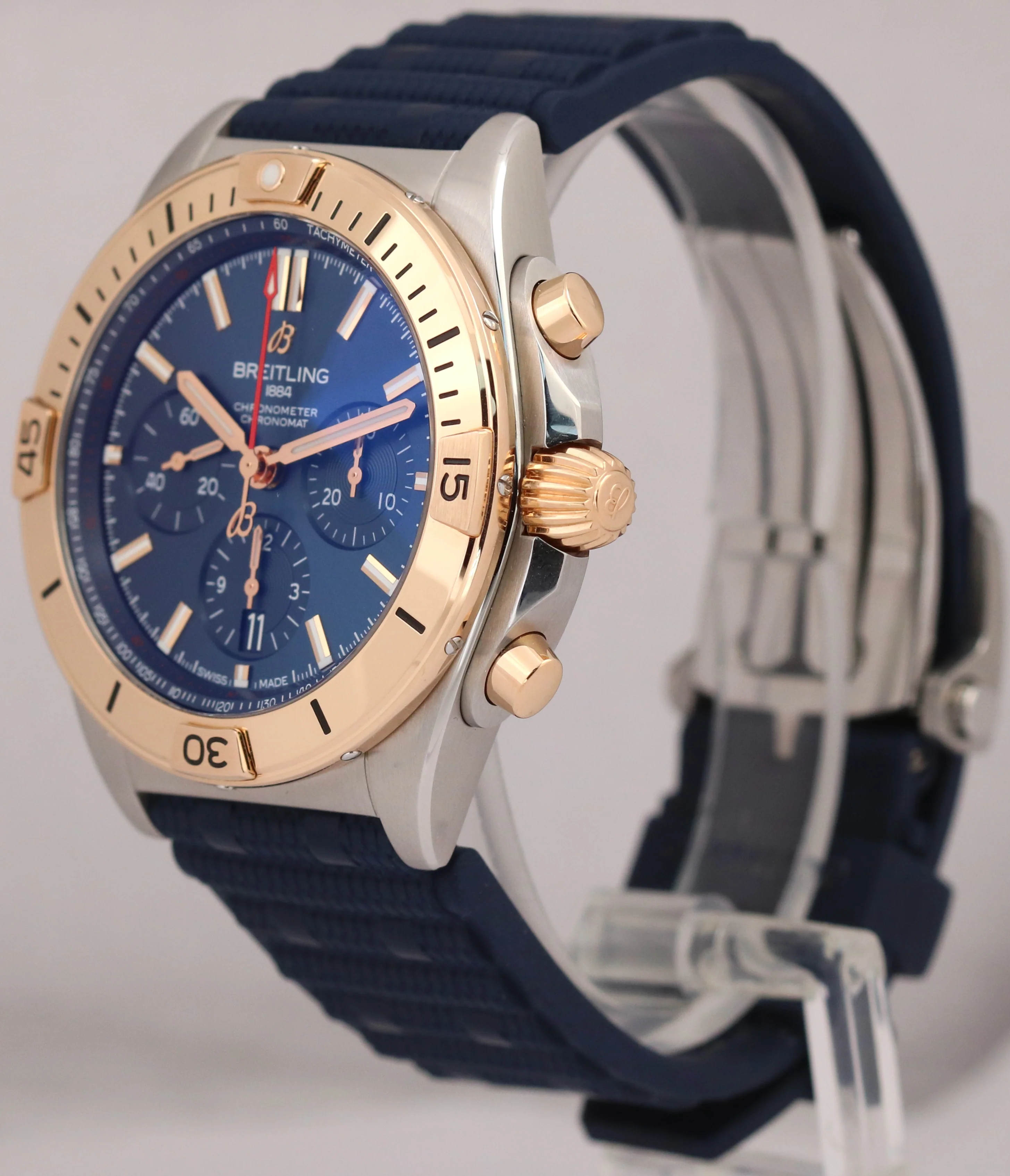Breitling Chronomat B01 42mm Two-Tone Gold Blue Rubber Steel Watch UB0134 BOX - Image 4