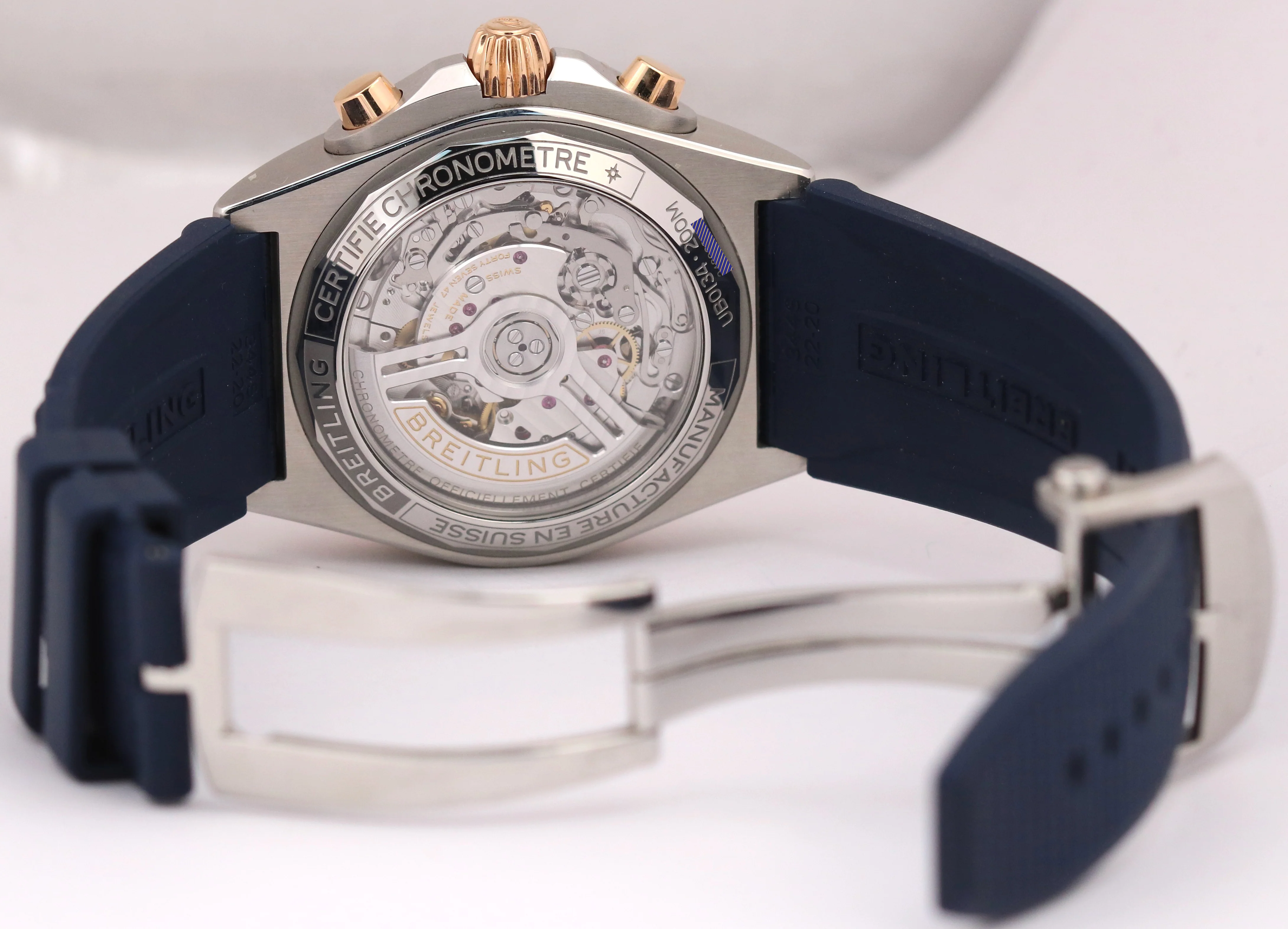 Breitling Chronomat B01 42mm Two-Tone Gold Blue Rubber Steel Watch UB0134 BOX - Image 6