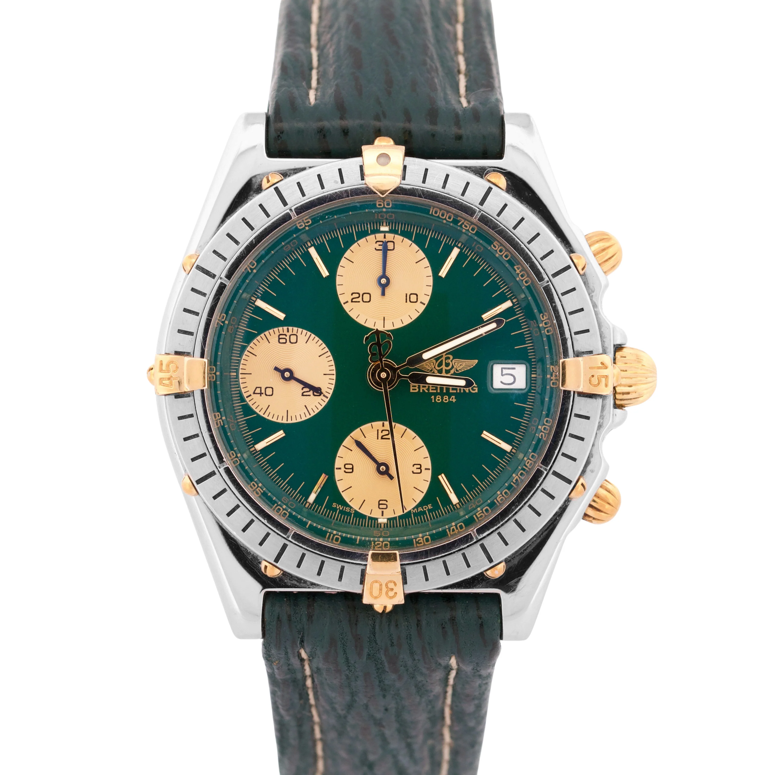 Breitling Chronomat Two-Tone 18k Gold Steel GREEN 39mm Leather Date B13047 Watch