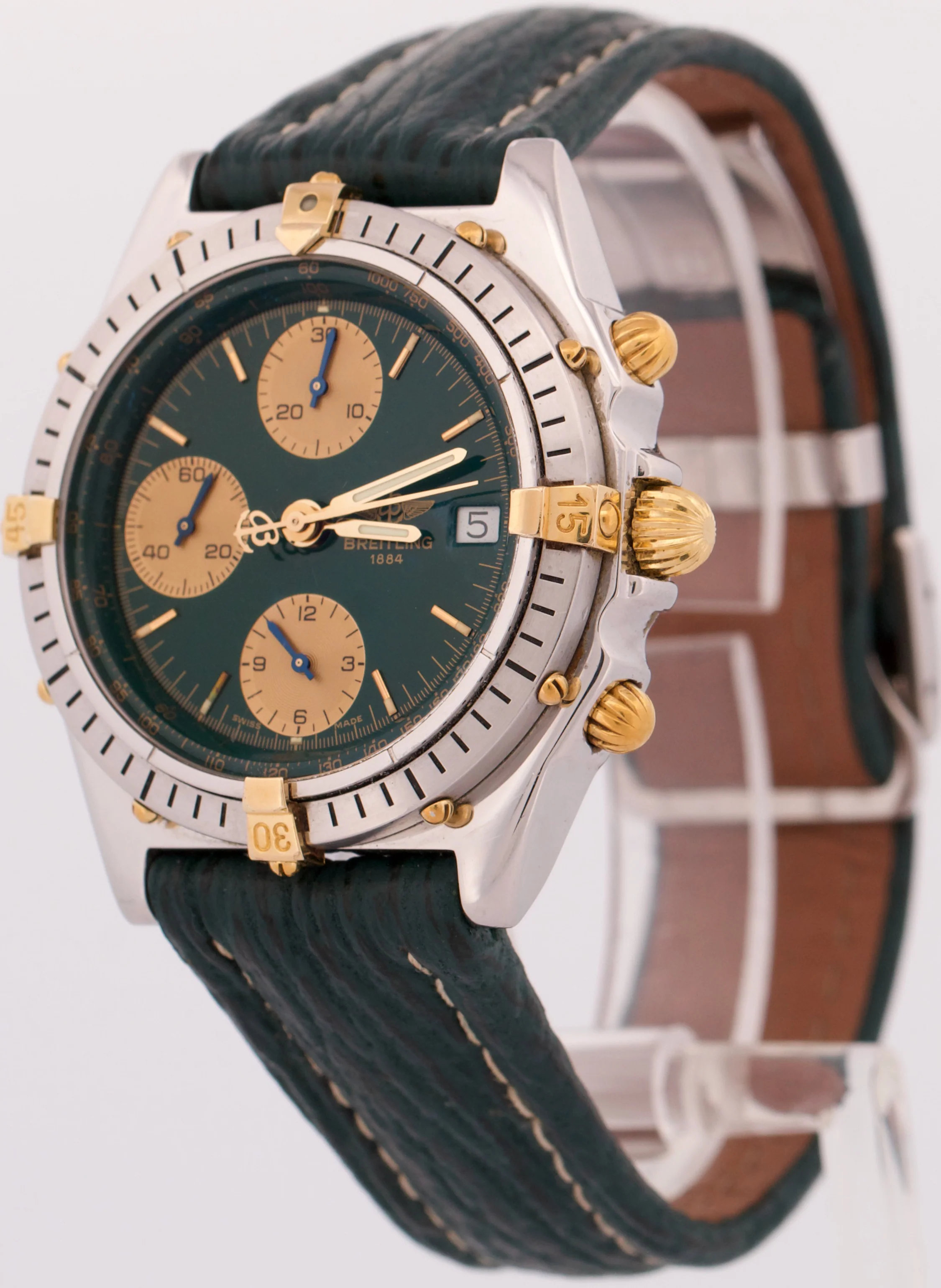 Breitling Chronomat Two-Tone 18k Gold Steel GREEN 39mm Leather Date B13047 Watch - Image 3