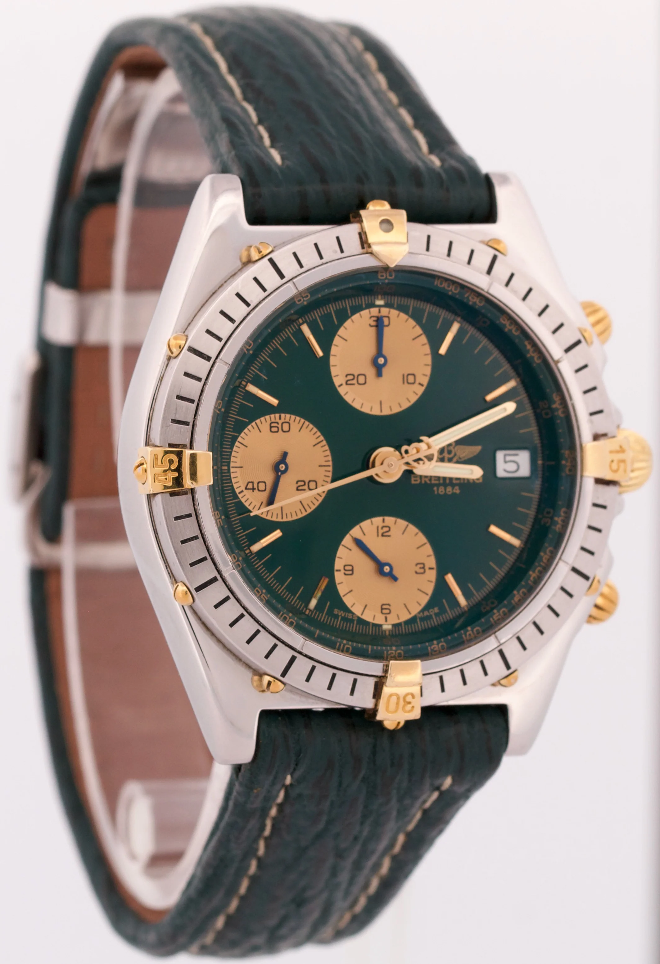 Breitling Chronomat Two-Tone 18k Gold Steel GREEN 39mm Leather Date B13047 Watch - Image 4