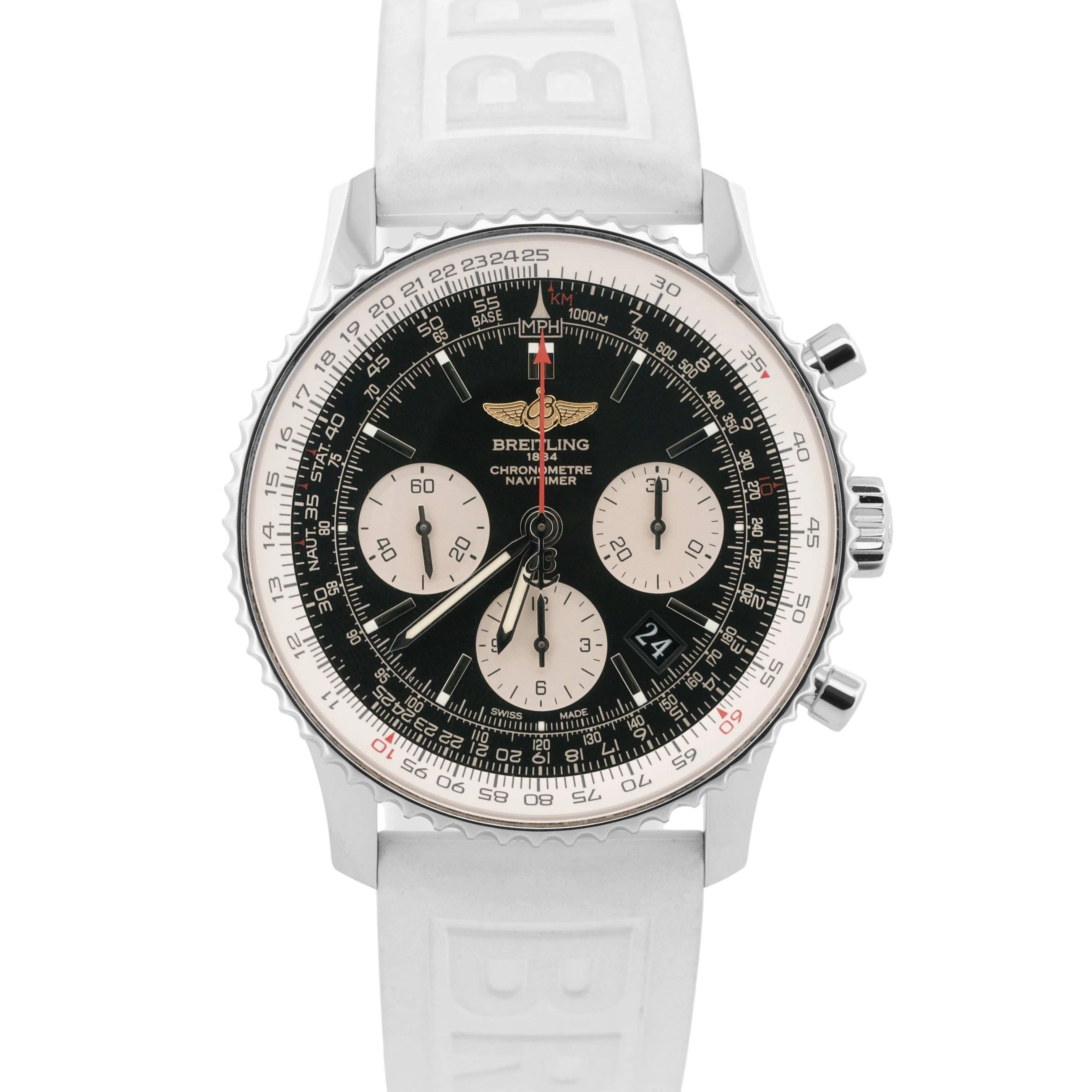 Breitling Navitimer B01 43mm Steel BLACK White Rubber Chronograph Watch AB0120