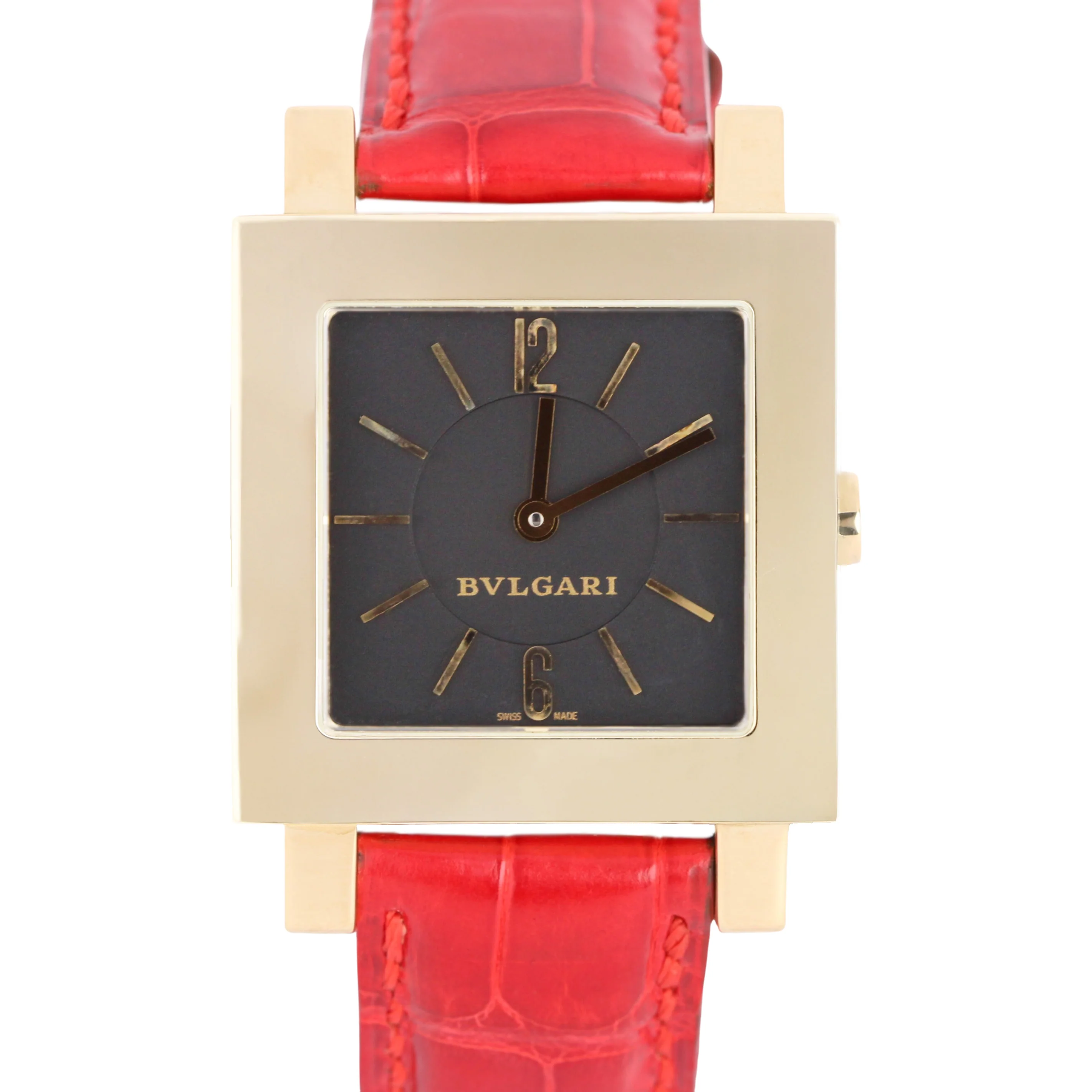 Bvlgari Quadratto 18k Yellow Gold Black 29mm QUARTZ Red Leather SQ 29 GL Watch