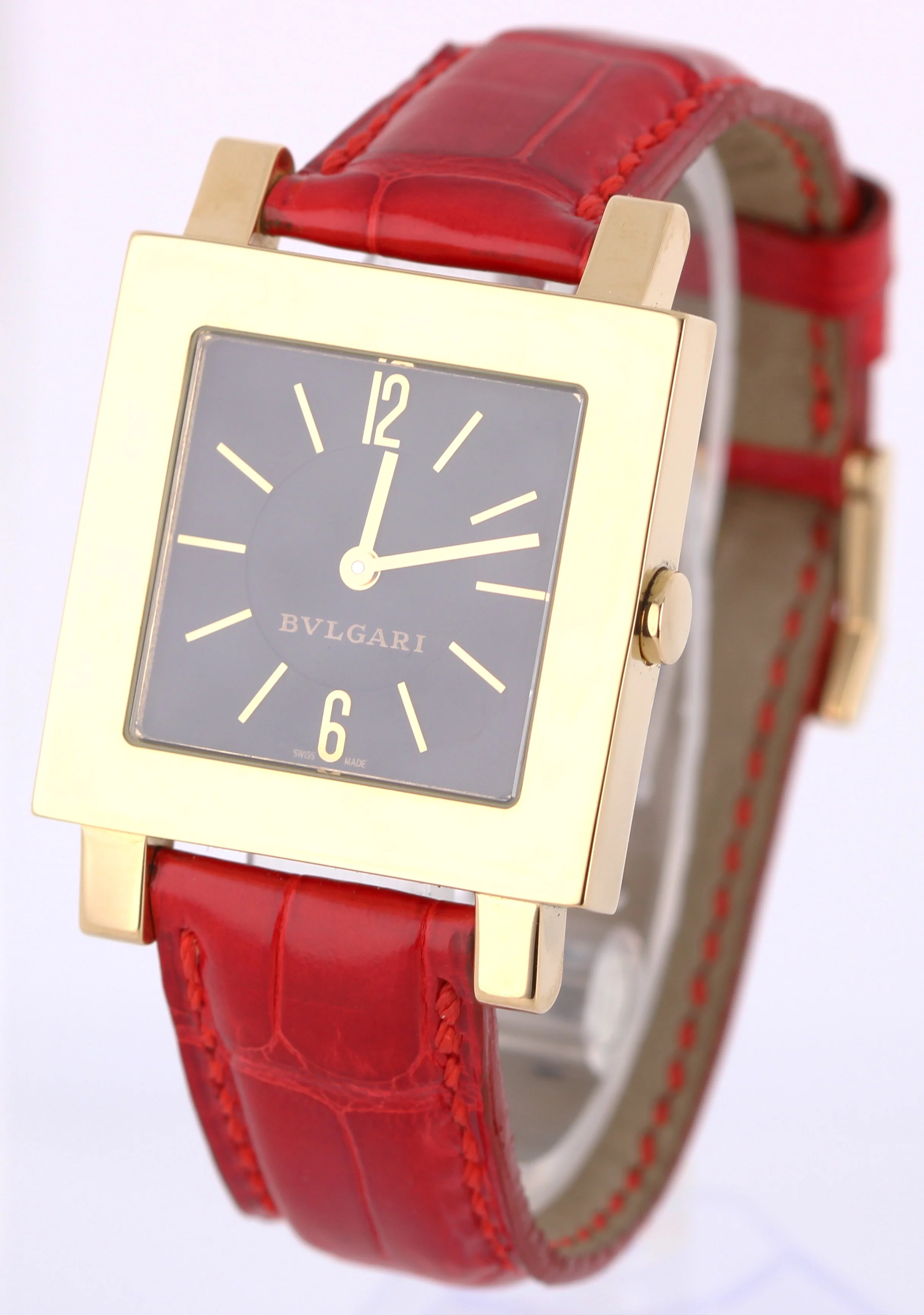 Bvlgari Quadratto 18k Yellow Gold Black 29mm QUARTZ Red Leather SQ 29 GL Watch - Image 3