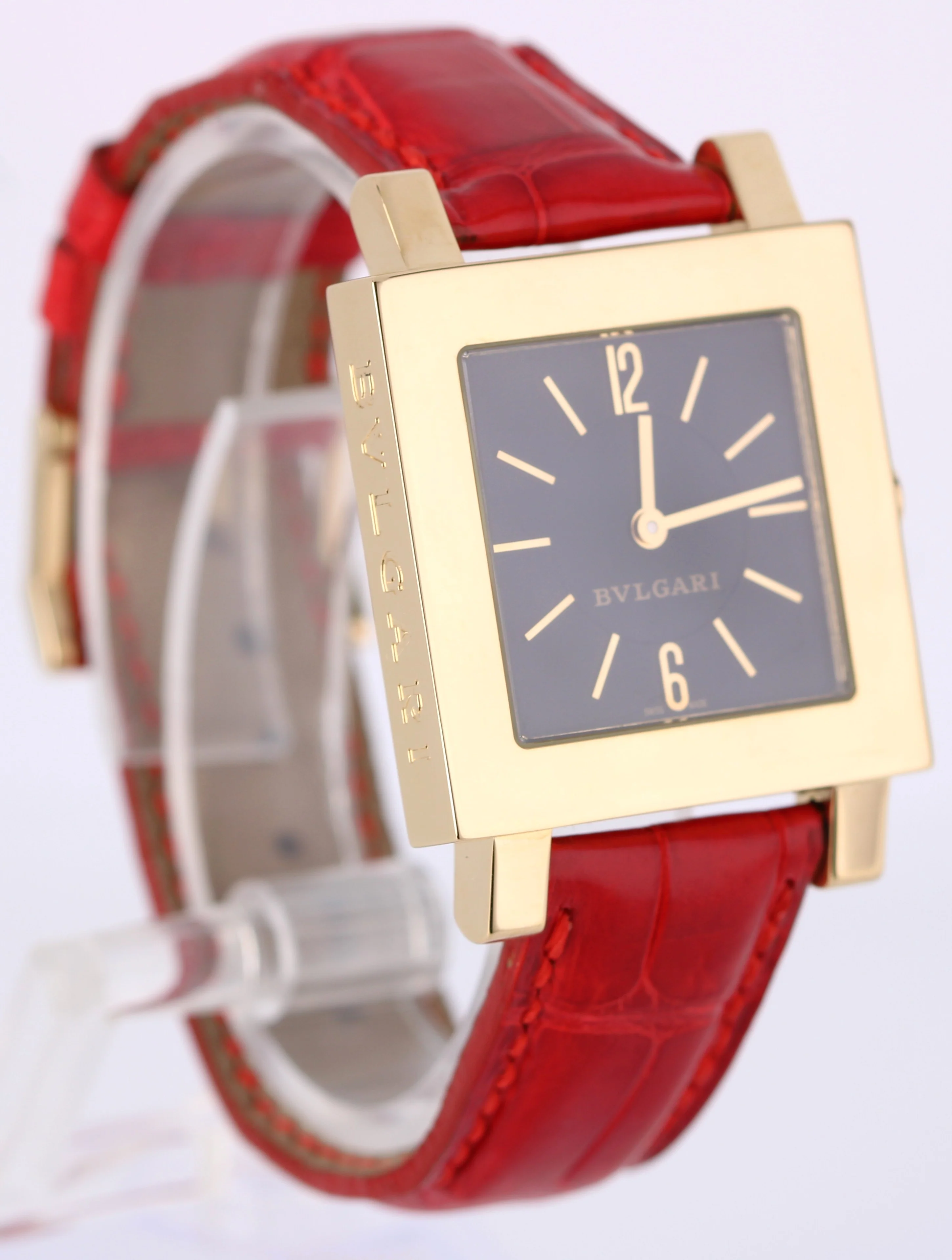 Bvlgari Quadratto 18k Yellow Gold Black 29mm QUARTZ Red Leather SQ 29 GL Watch - Image 4