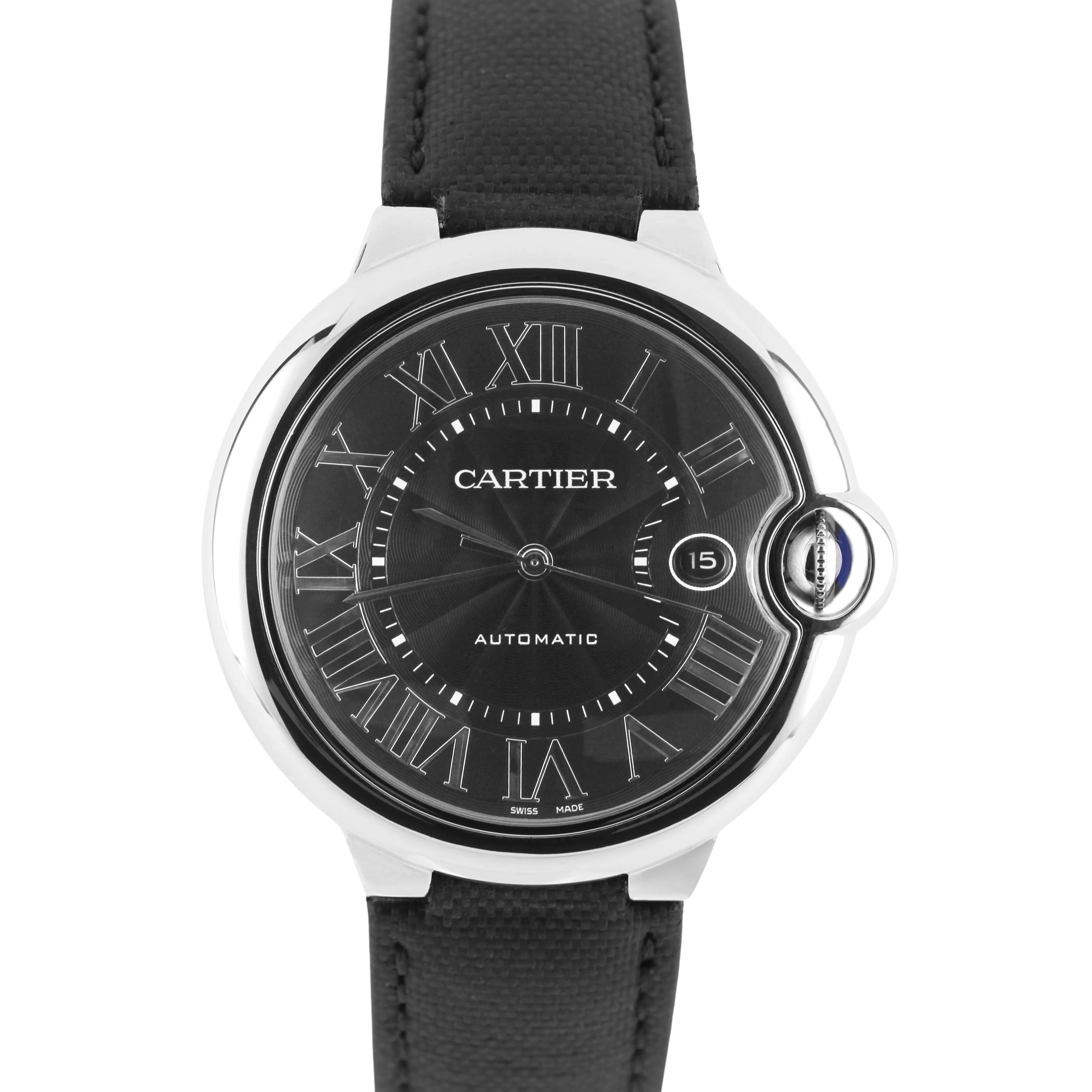 Cartier Ballon Bleu Steel Black Roman Numeral Guilloche 42mm 3765 Watch BOX
