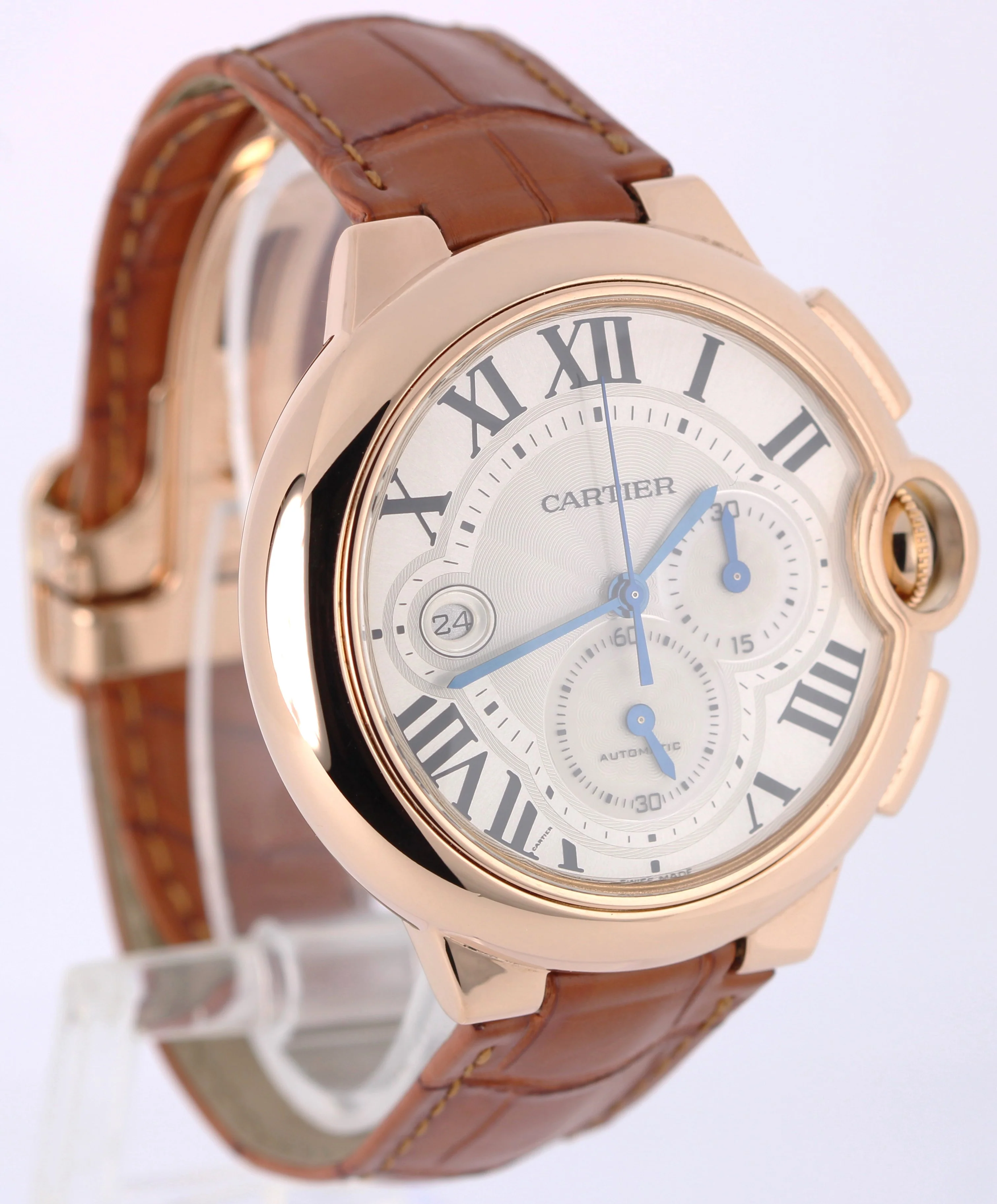 Cartier Ballon Bleu XL Chrono Date 18k Rose Gold Silver 44mm 3107 Leather Watch - Image 3
