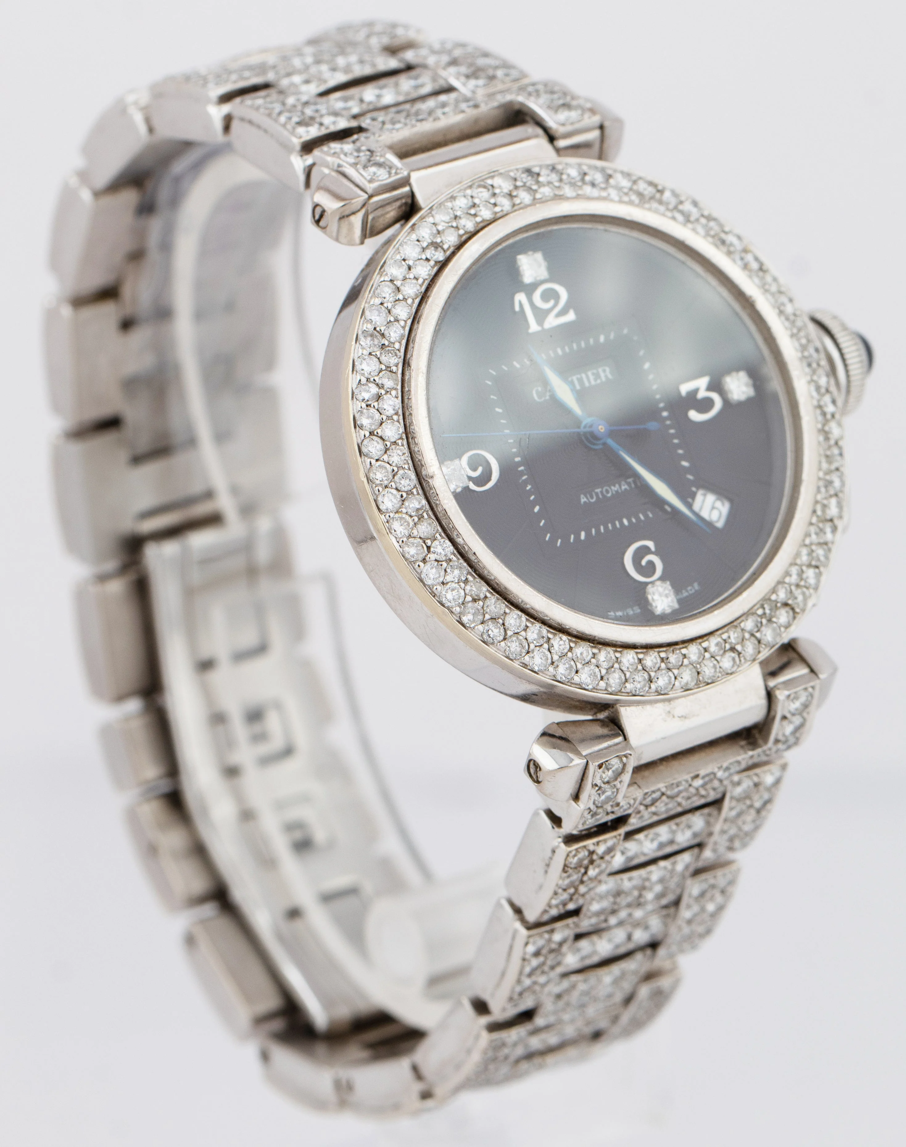 Cartier Pasha Black 38mm DIAMOND 18K White Gold Steel Automatic Date Watch 2353 - Image 3