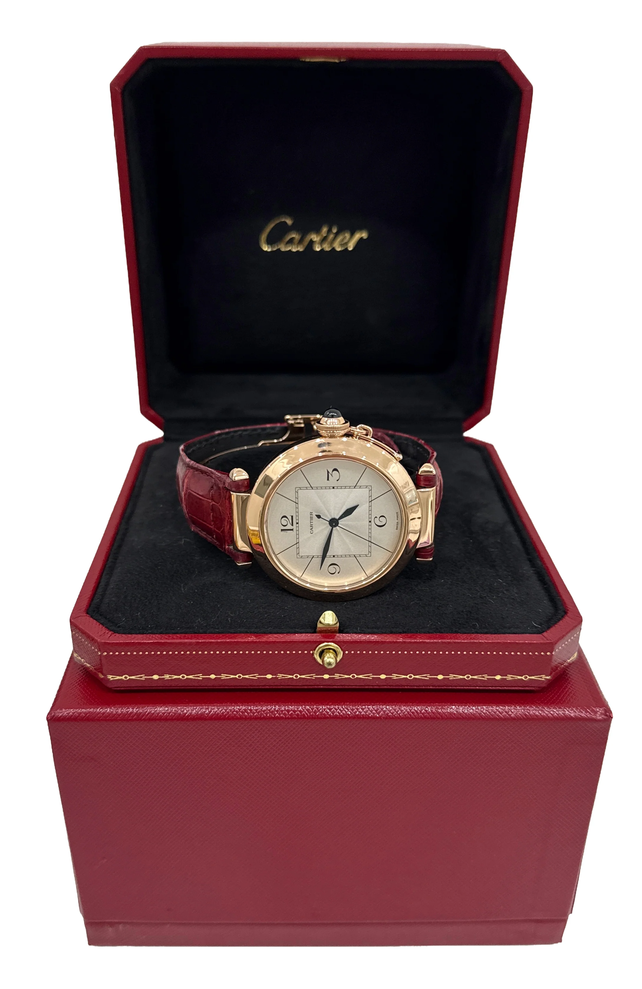 Cartier Pasha SILVER ARABIC 18K Rose Gold Leather 42mm Watch 2770 W3019051 BOX - Image 2