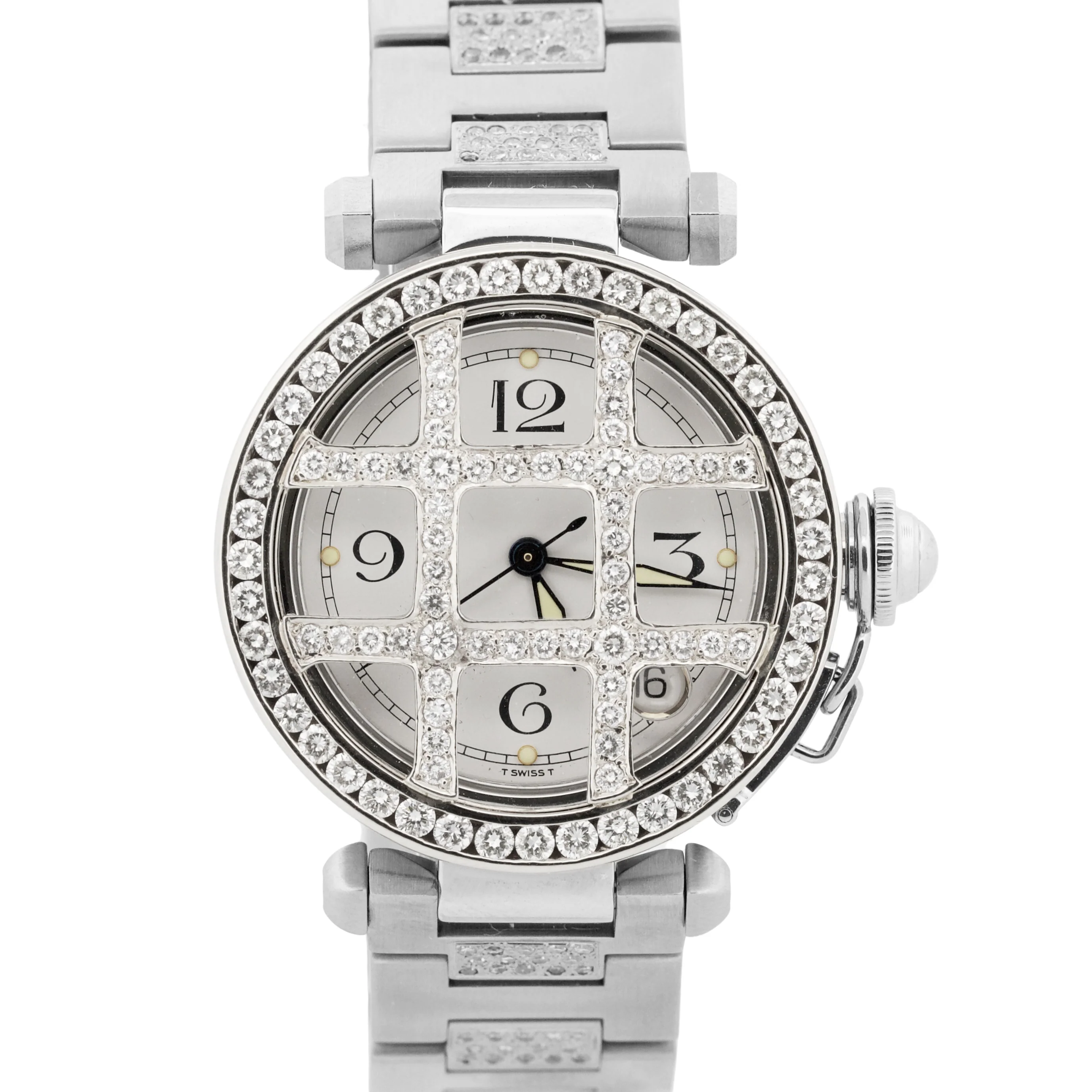Cartier Pasha WHITE DIAMOND Stainless Steel Arabic Date 35mm 2324 W31015M7 Watch