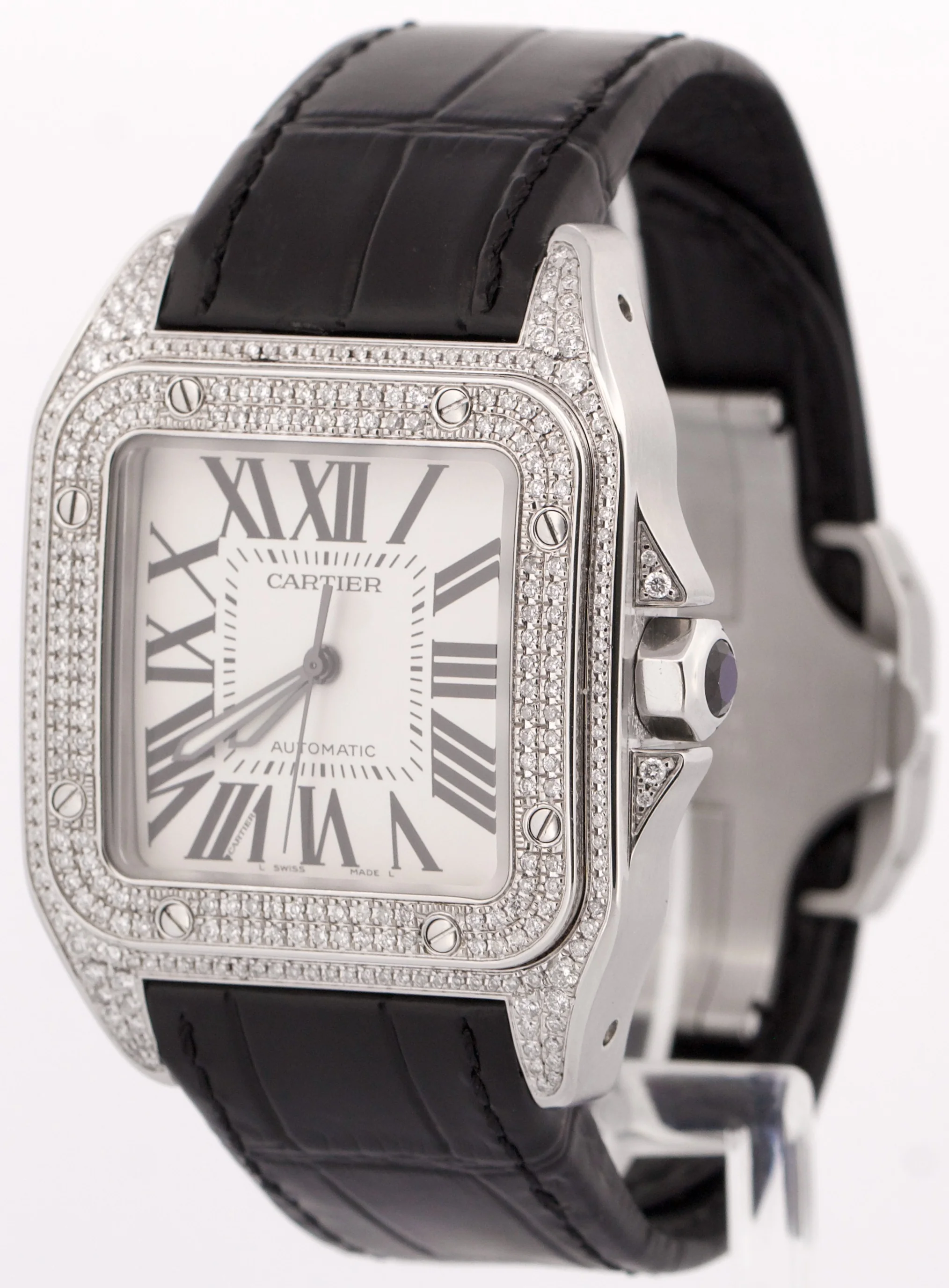 Cartier Santos 100 XL PAVE DIAMOND Stainless Steel Leather 38mm 2656 W20073X8 - Image 3