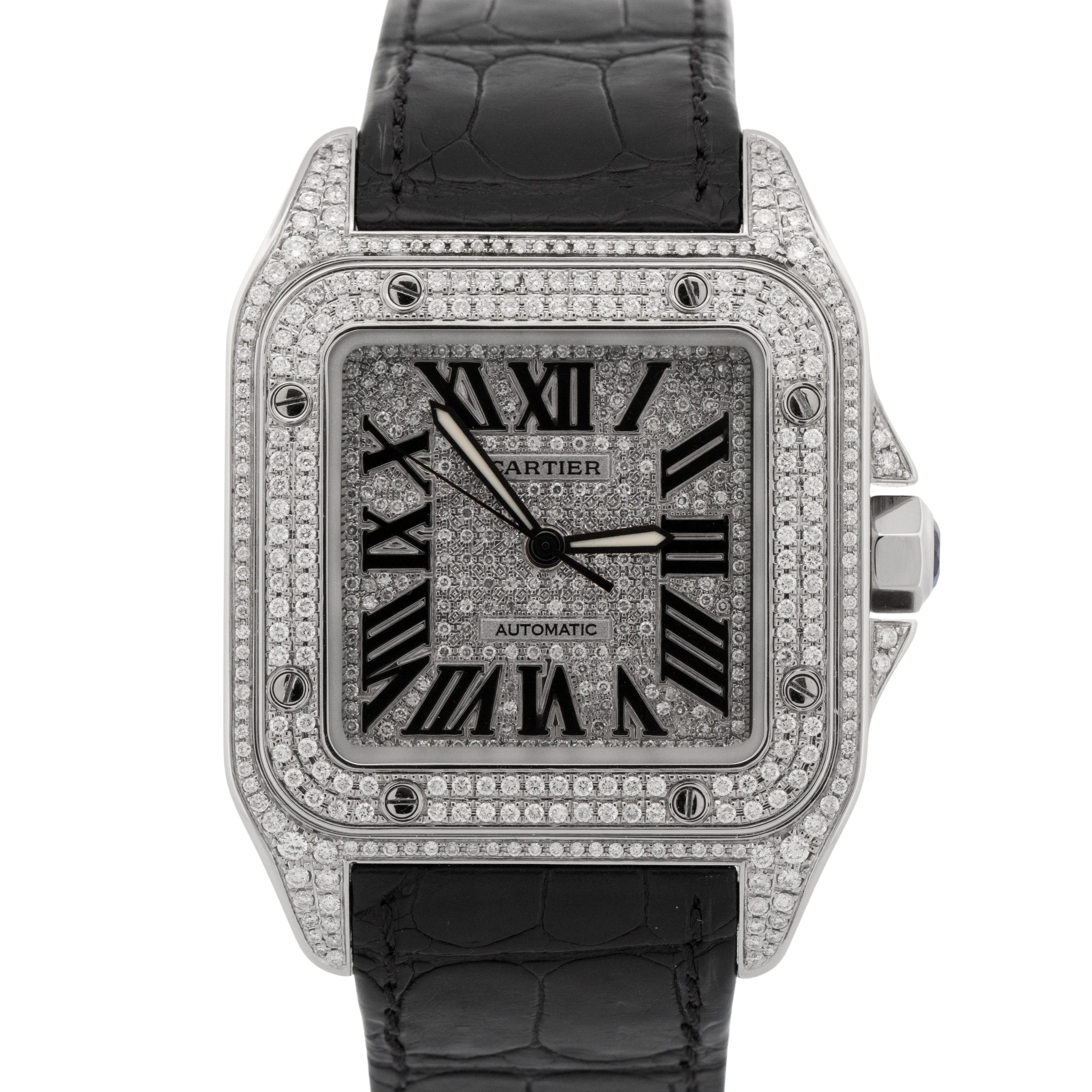 Cartier Santos 100 XL PAVE DIAMOND Stainless Steel Leather 38mm 2656 Watch