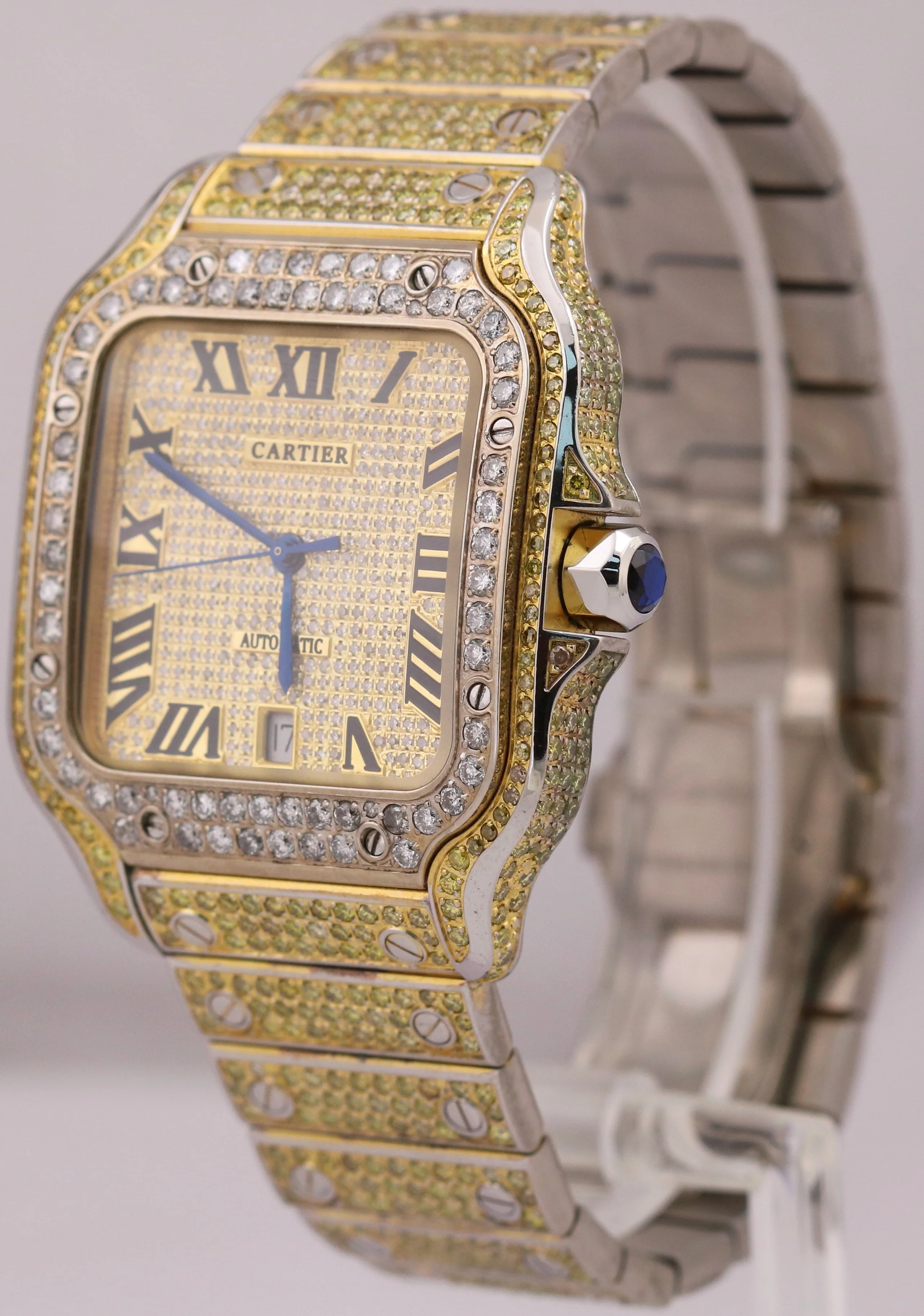 Cartier Santos 39.8mm YELLOW PAVE DIAMOND Roman Automatic Steel 4072 Watch - Image 3