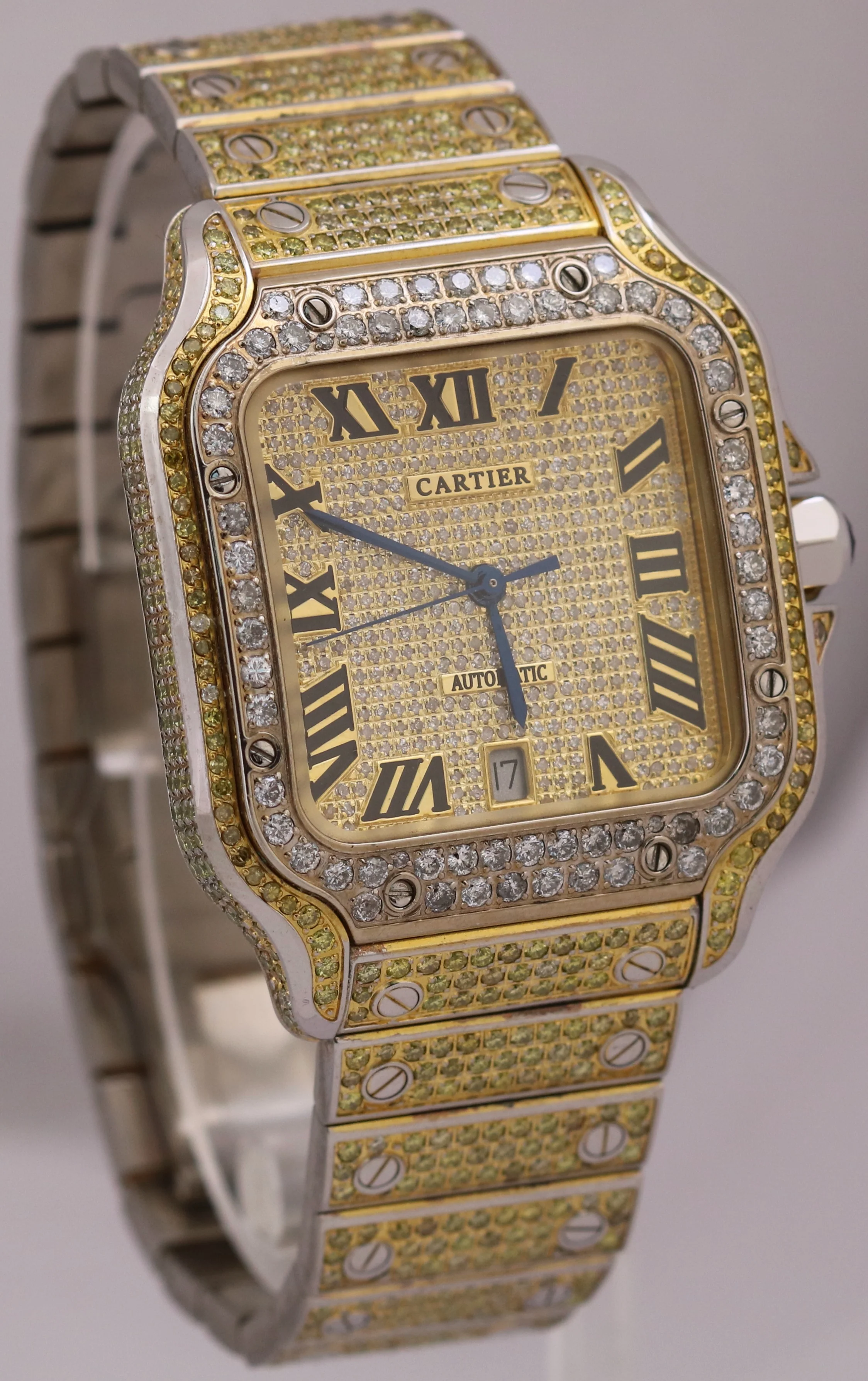 Cartier Santos 39.8mm YELLOW PAVE DIAMOND Roman Automatic Steel 4072 Watch - Image 4