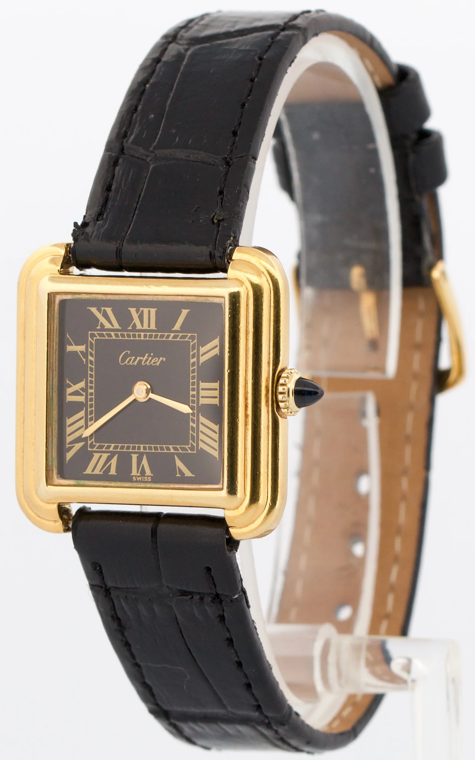 Cartier Stepped Tank BLACK ROMAN Manual 18K Gold Filled Leather 27.5mm 25716 - Image 3