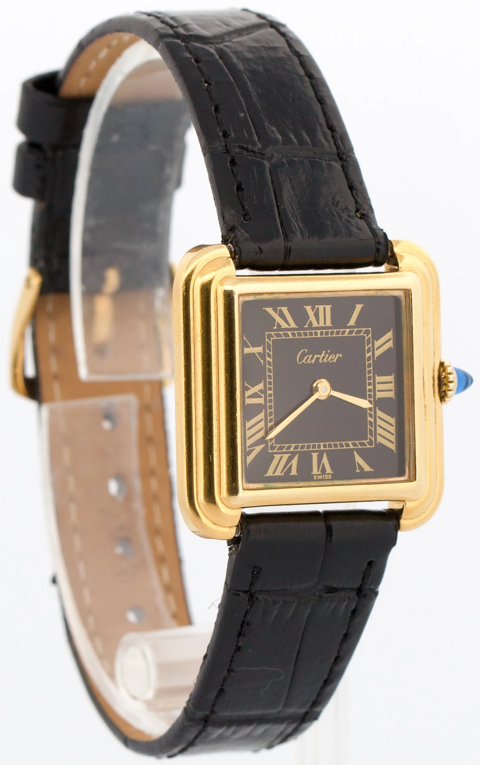 Cartier Stepped Tank BLACK ROMAN Manual 18K Gold Filled Leather 27.5mm 25716 - Image 4