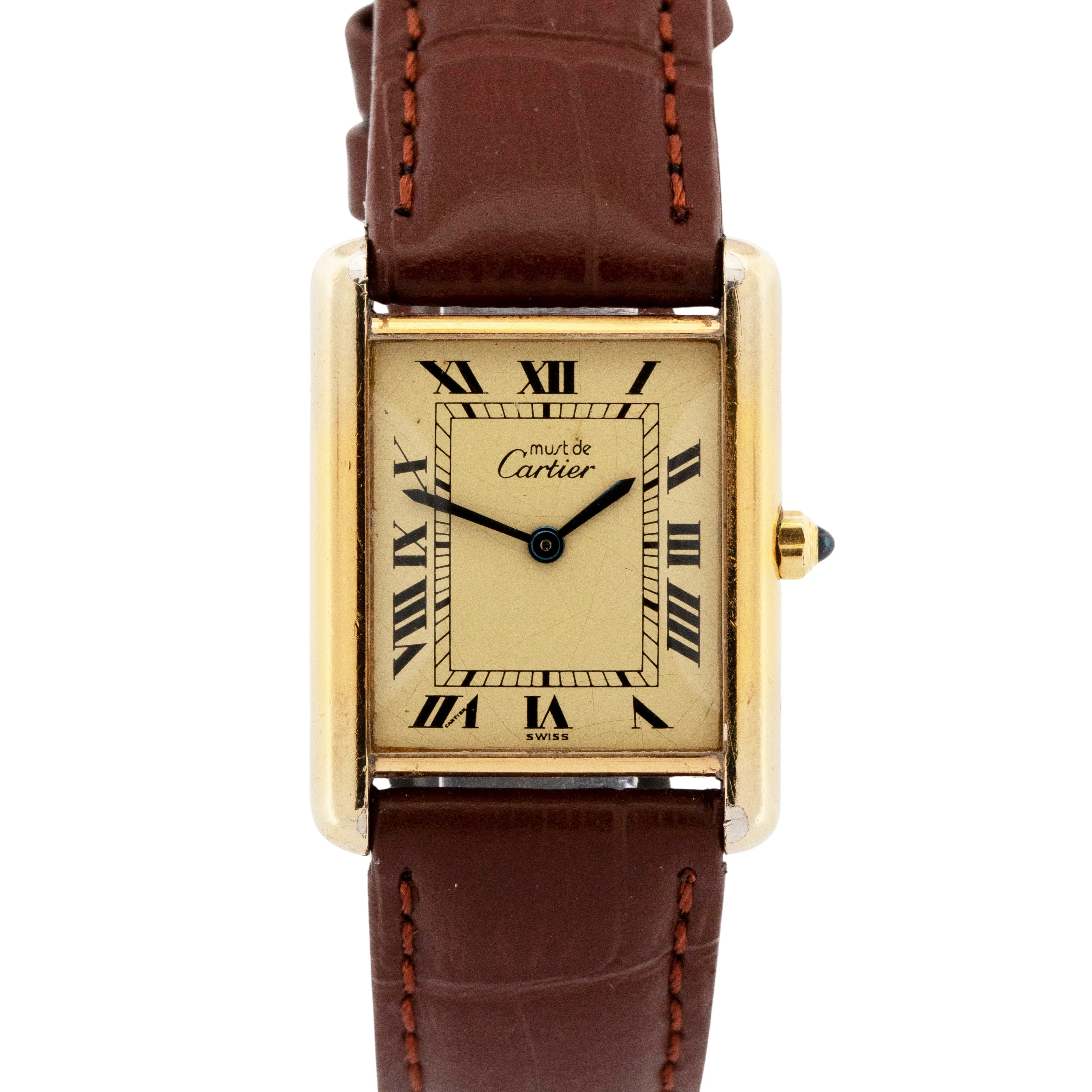 Cartier Tank Quartz Ivory Roman Sterling Silver Vermeil Gold 23.5mm Watch 881008