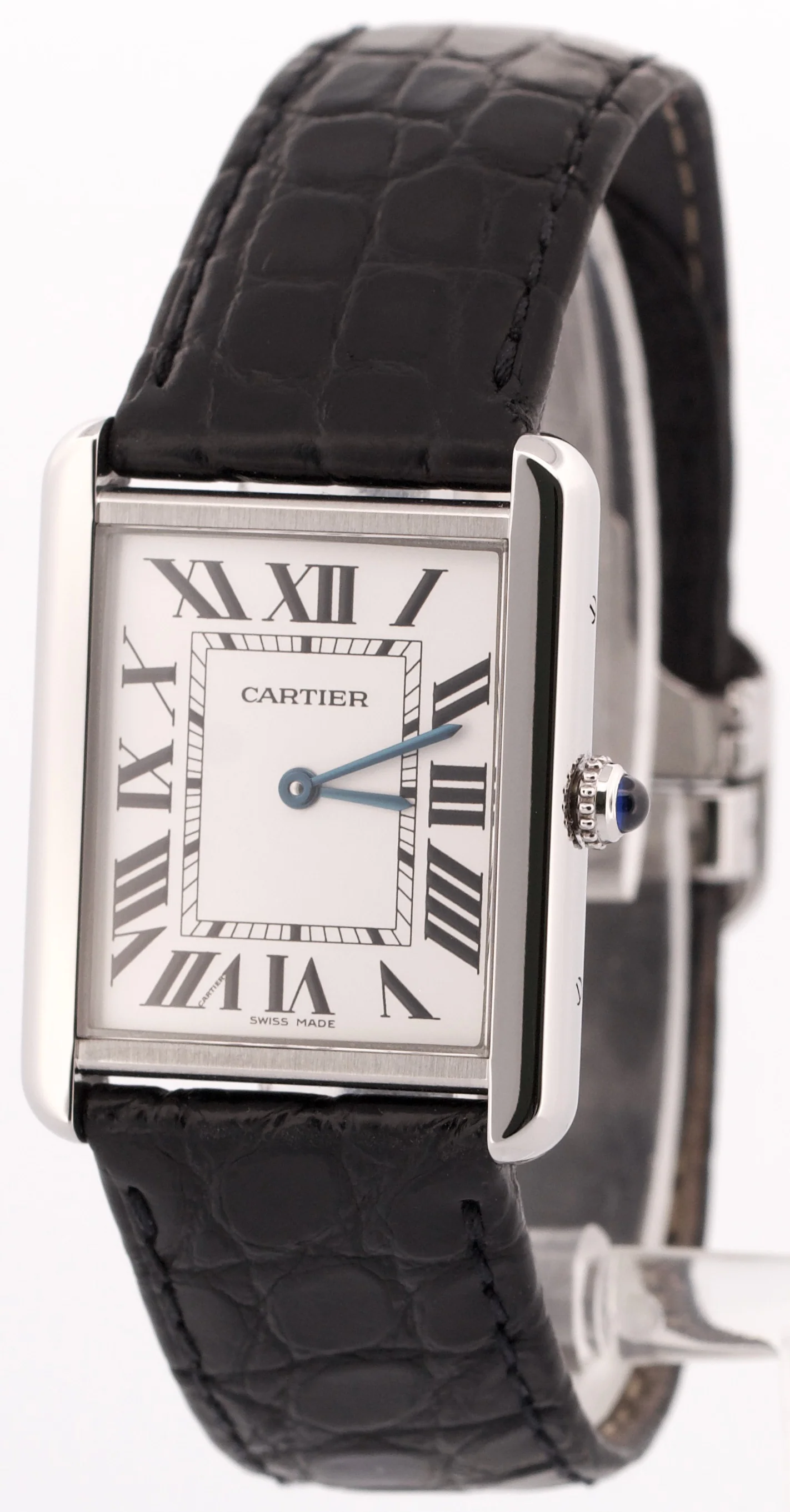 Cartier Tank Solo Stainless Steel WHITE Roman Quartz 2715 W1018355 Leather Watch - Image 3