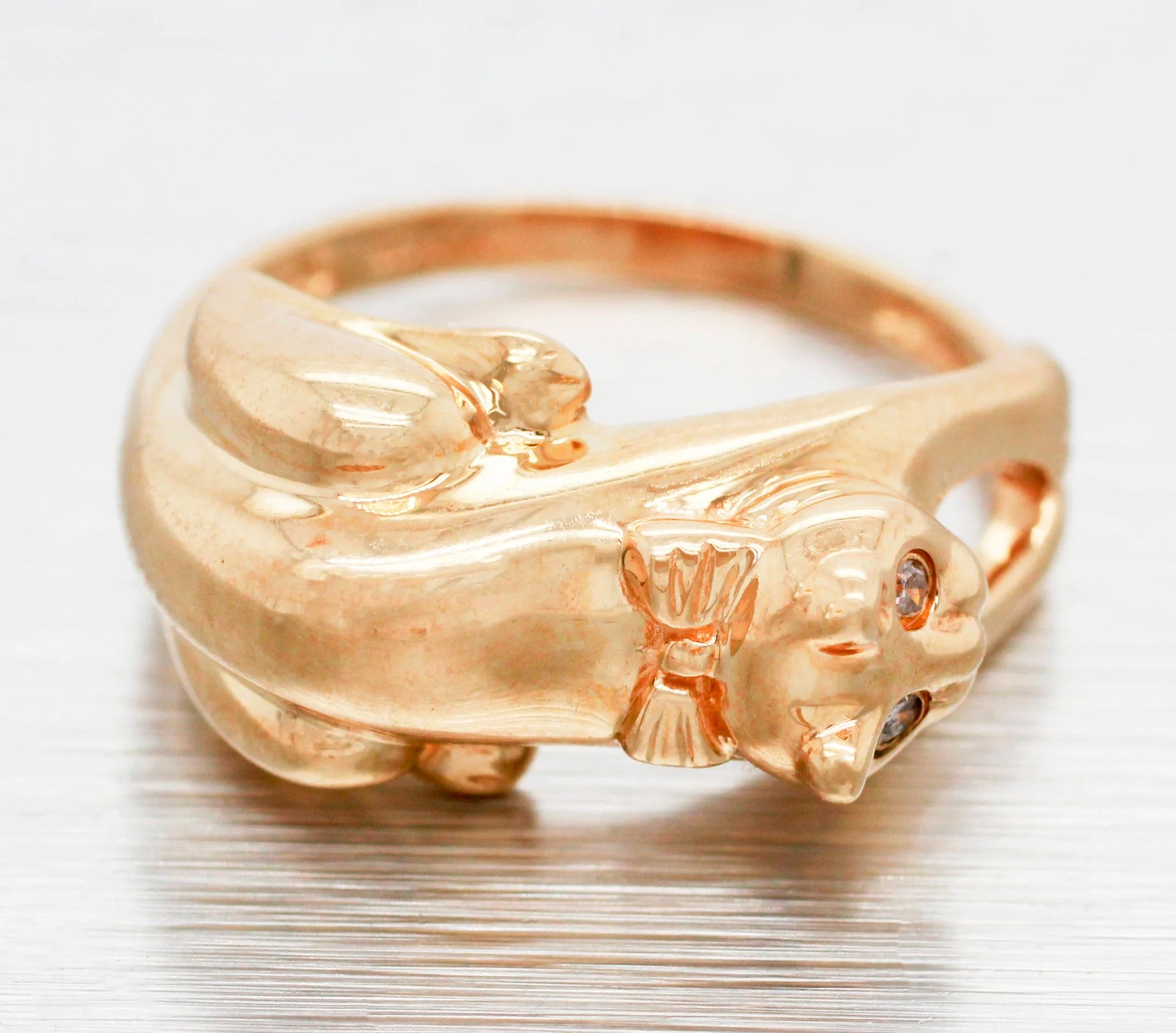 Vintage Designer Diamond-Eyed Cat Bowtie Ring - 14k Yellow Gold Kitten Size 5.25 - Image 2