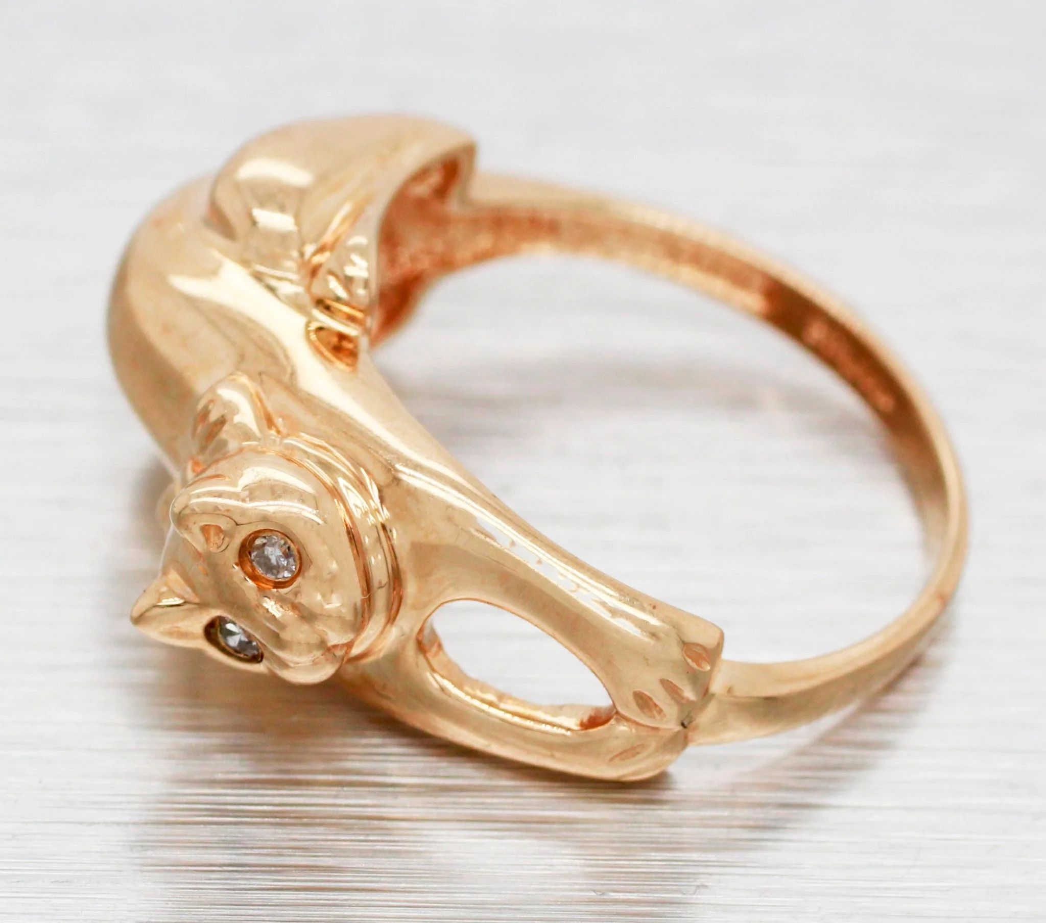 Vintage Designer Diamond-Eyed Cat Bowtie Ring - 14k Yellow Gold Kitten Size 5.25 - Image 3