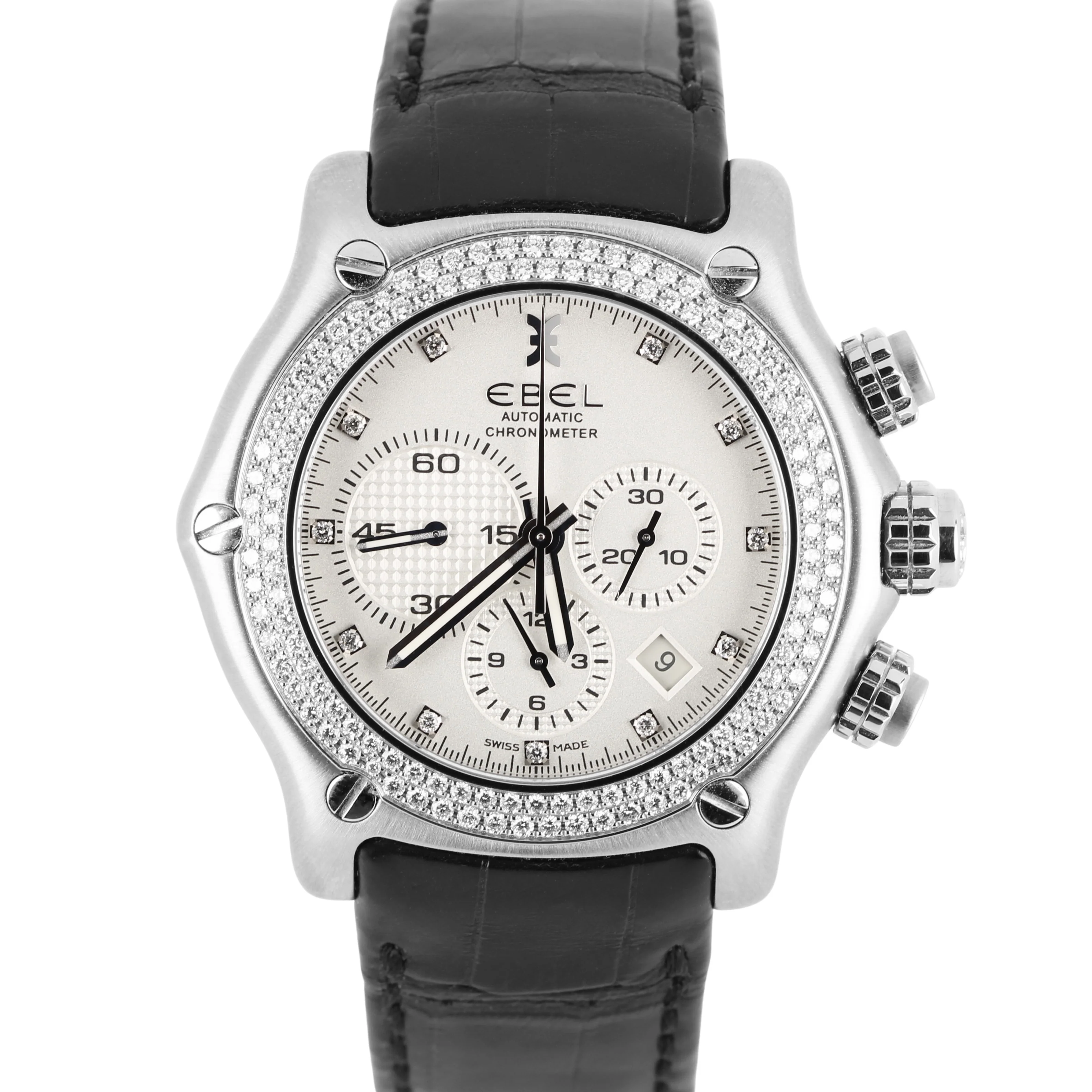 EBEL 1911 BTR Chronograph PAPERS Steel Silver DIAMOND 44mm E9137L7S Watch BOX