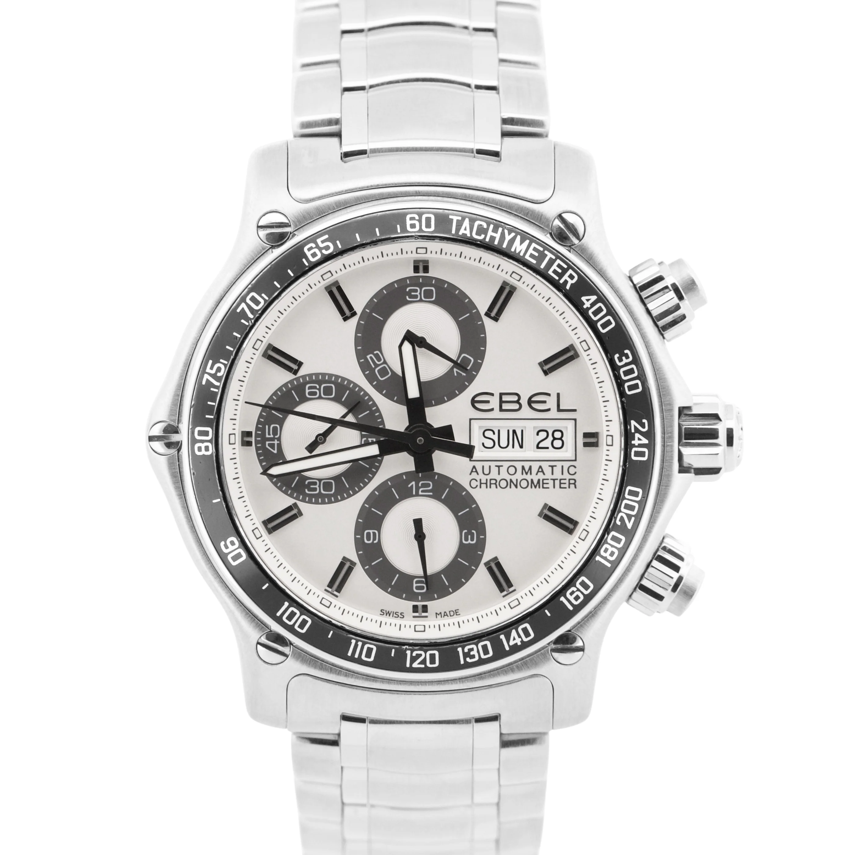 Ebel 1911 Discovery WHITE Chronograph Day Date Stainless Steel 43mm E9750L62