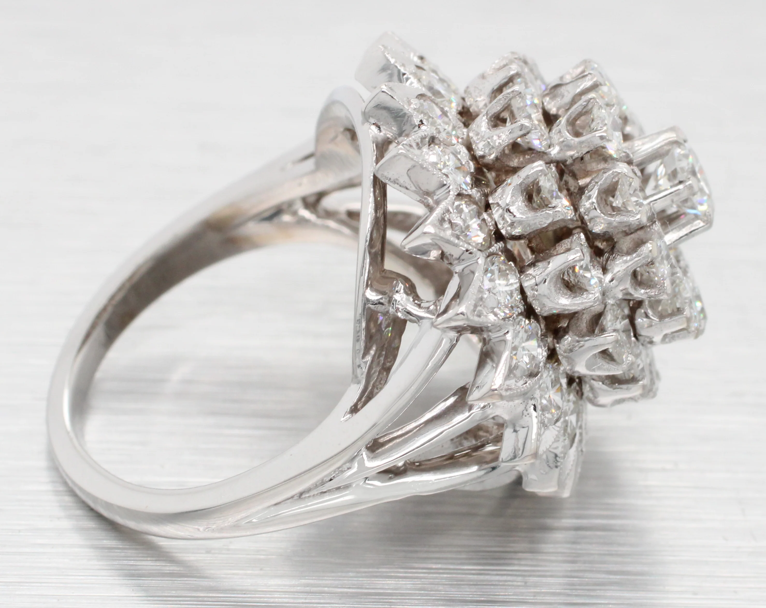 EREV Antique Art Deco 3.20ctw Diamond Flower Cocktail Ring - 14k White Gold - Image 4