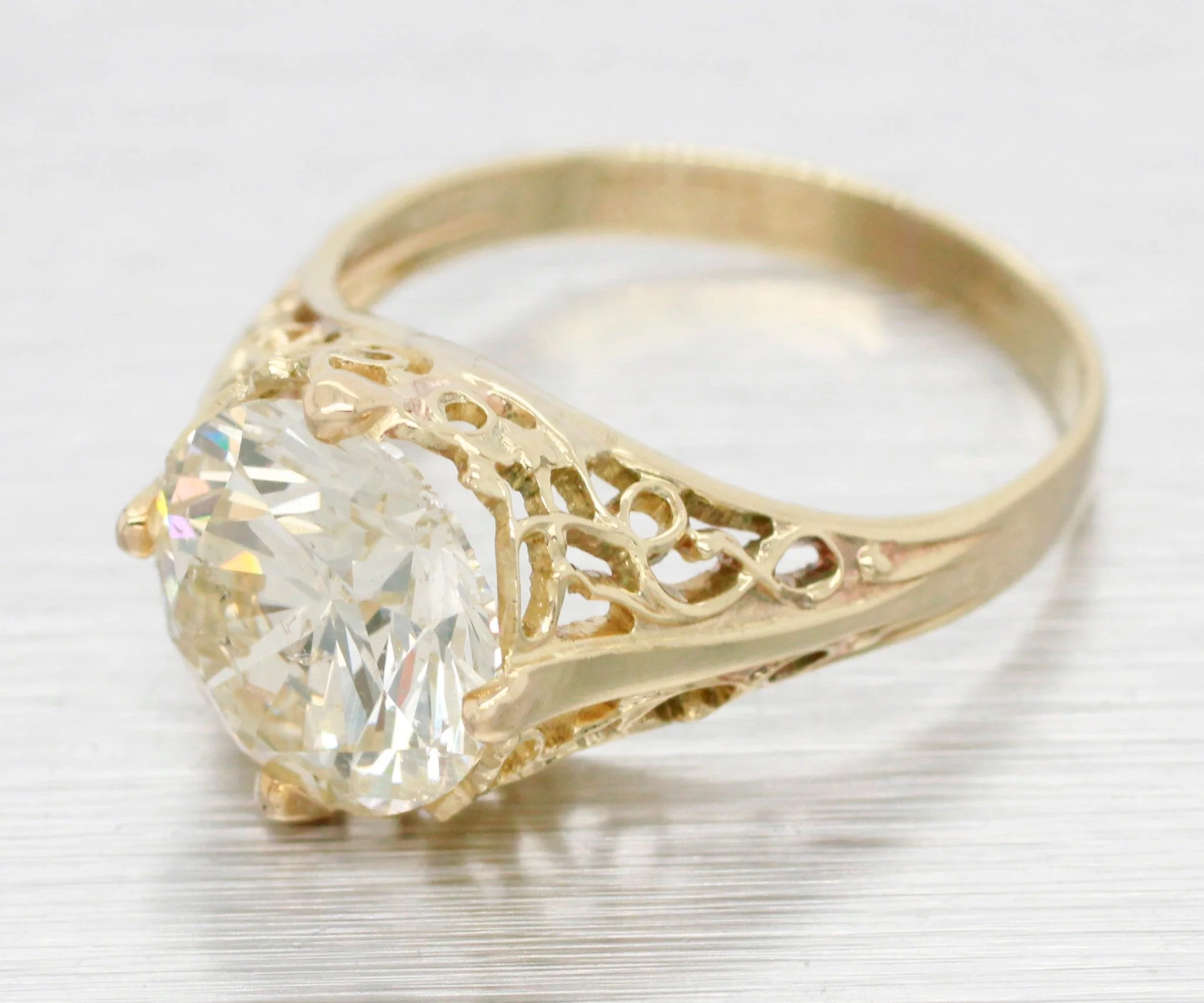 GIA 3.01ct Diamond Antique Art Deco Solitaire Engagement Ring - 14k Yellow Gold - Image 2