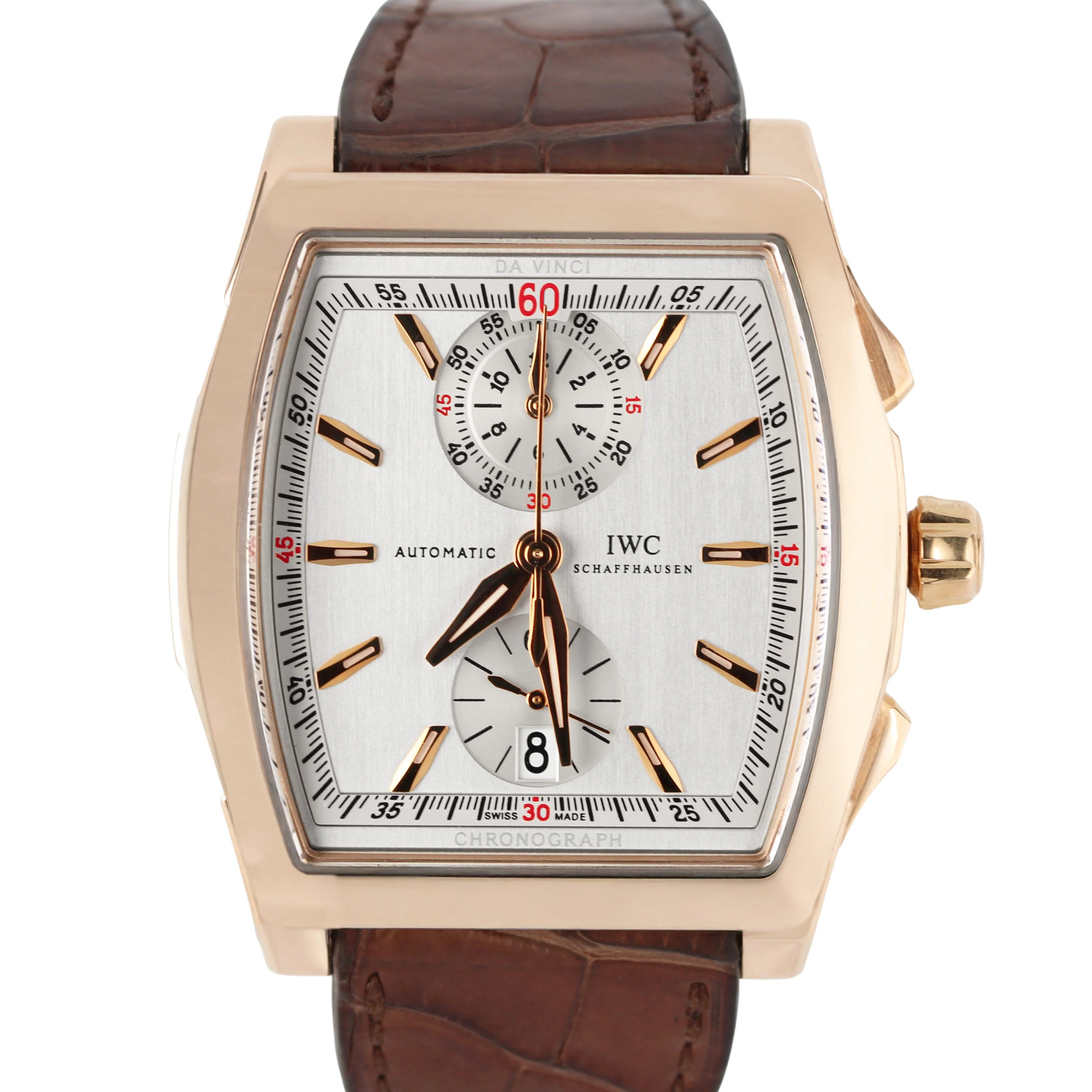 IWC Da Vinci Chronograph 18k Rose Gold Silver 43mm IW376402 Brown Leather Watch