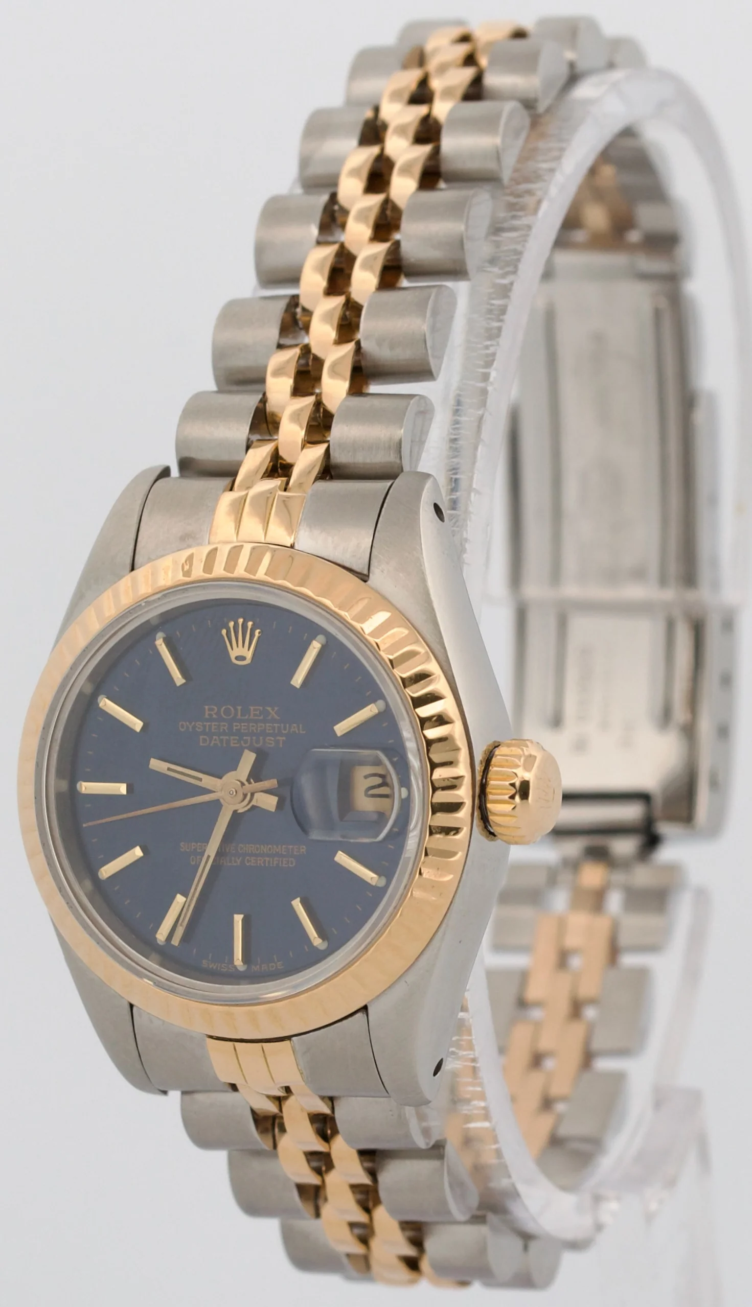 Ladies Rolex DateJust 26mm BLUE 18K Yellow Gold Steel Fluted JUBILEE 69173 Watch - Image 3
